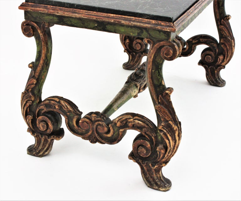Hand-Carved Spanish Baroque Carved Wood Coffee Table with Green Marble Top For Sale