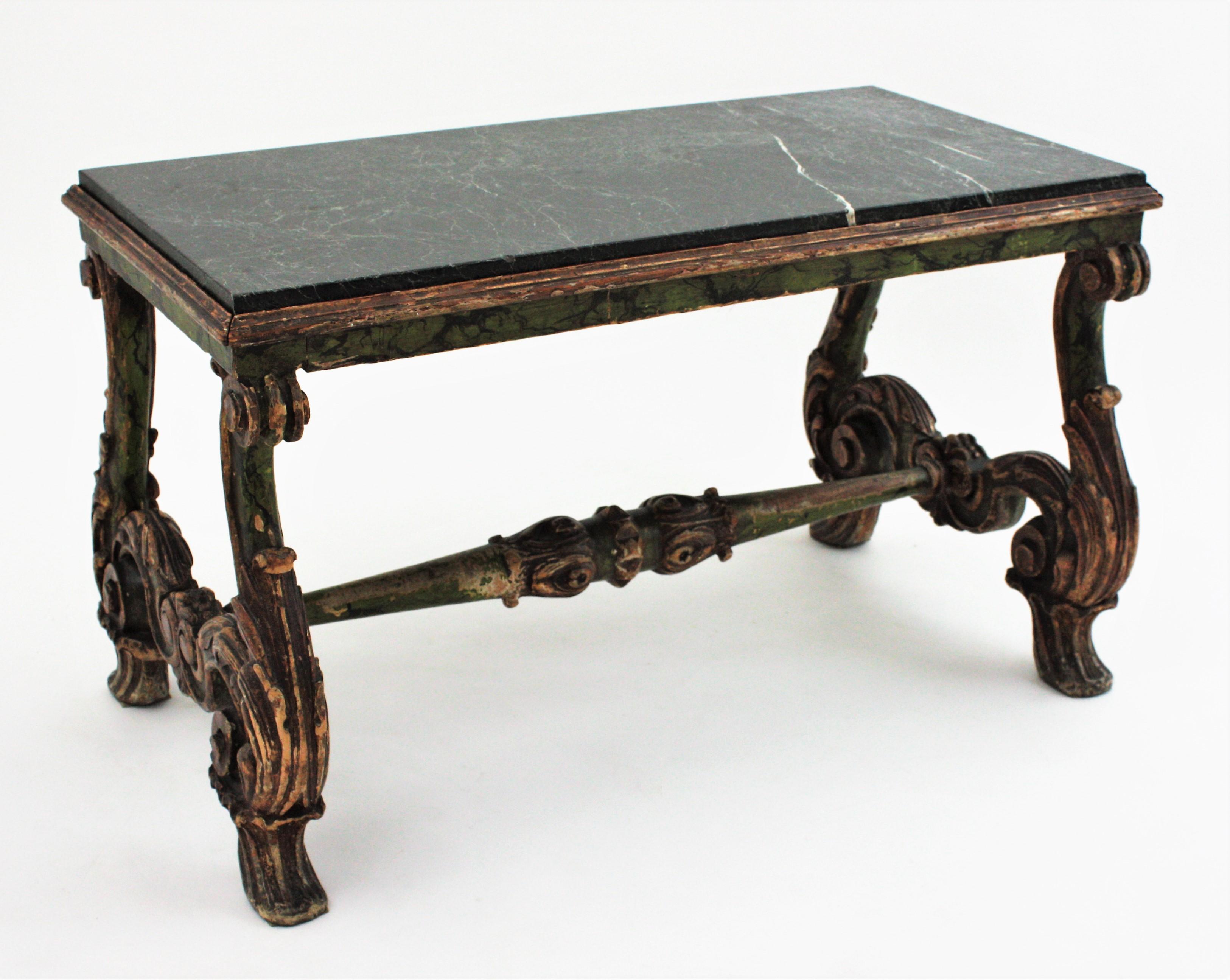 Baroque Revival Spanish Baroque Carved Wood Coffee Table with Green Marble Top For Sale