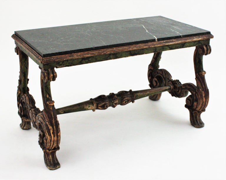 19th Century Spanish Baroque Carved Wood Coffee Table with Green Marble Top For Sale