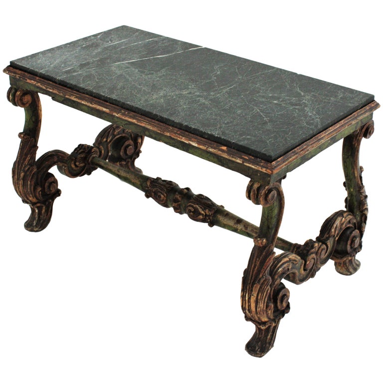 Spanish Baroque Carved Wood Coffee Table with Green Marble Top For Sale
