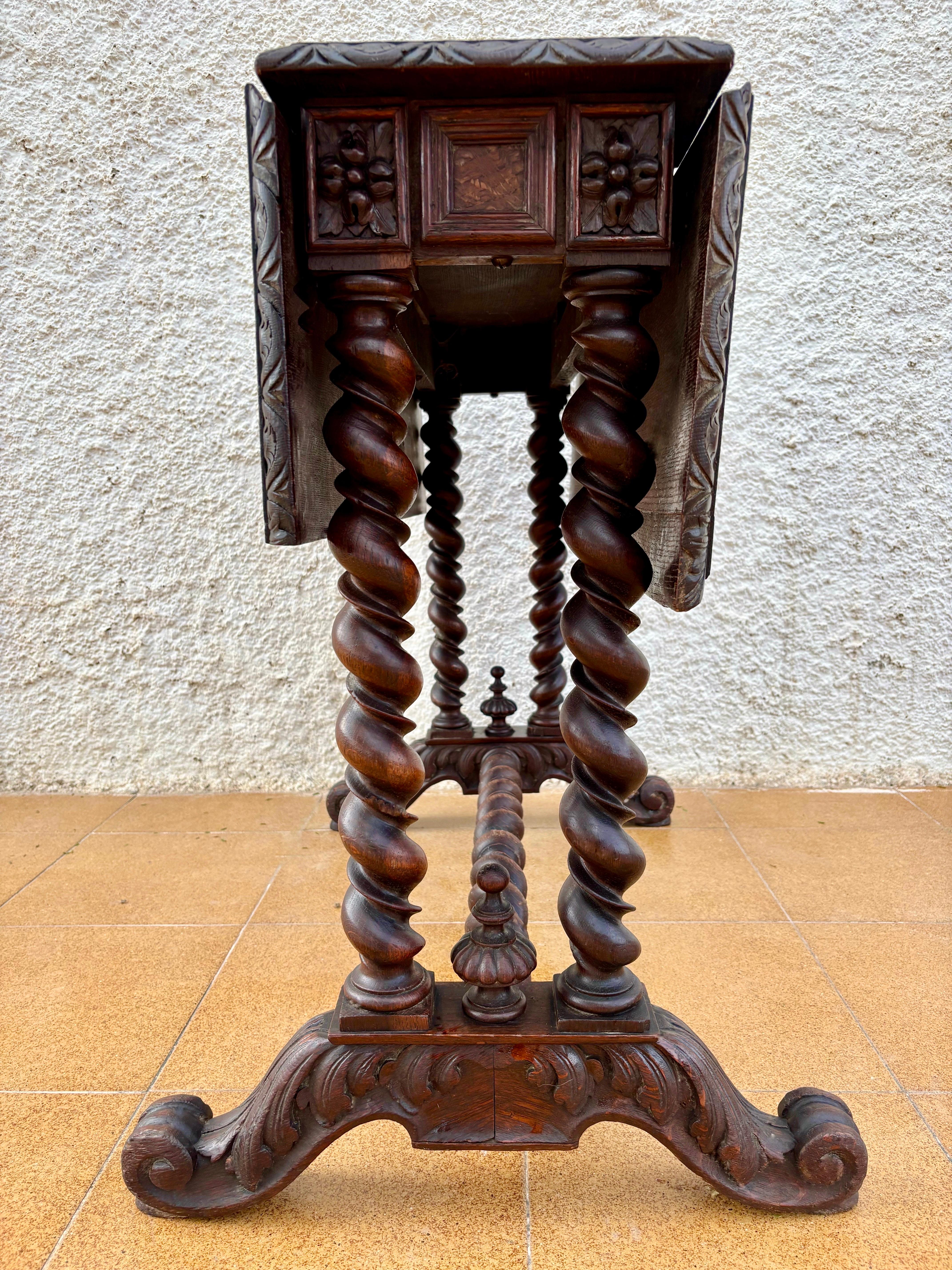 Spanish Baroque Revival Drop-Leaf Table with Carved Barley Twist Legs, c.1890 For Sale 4