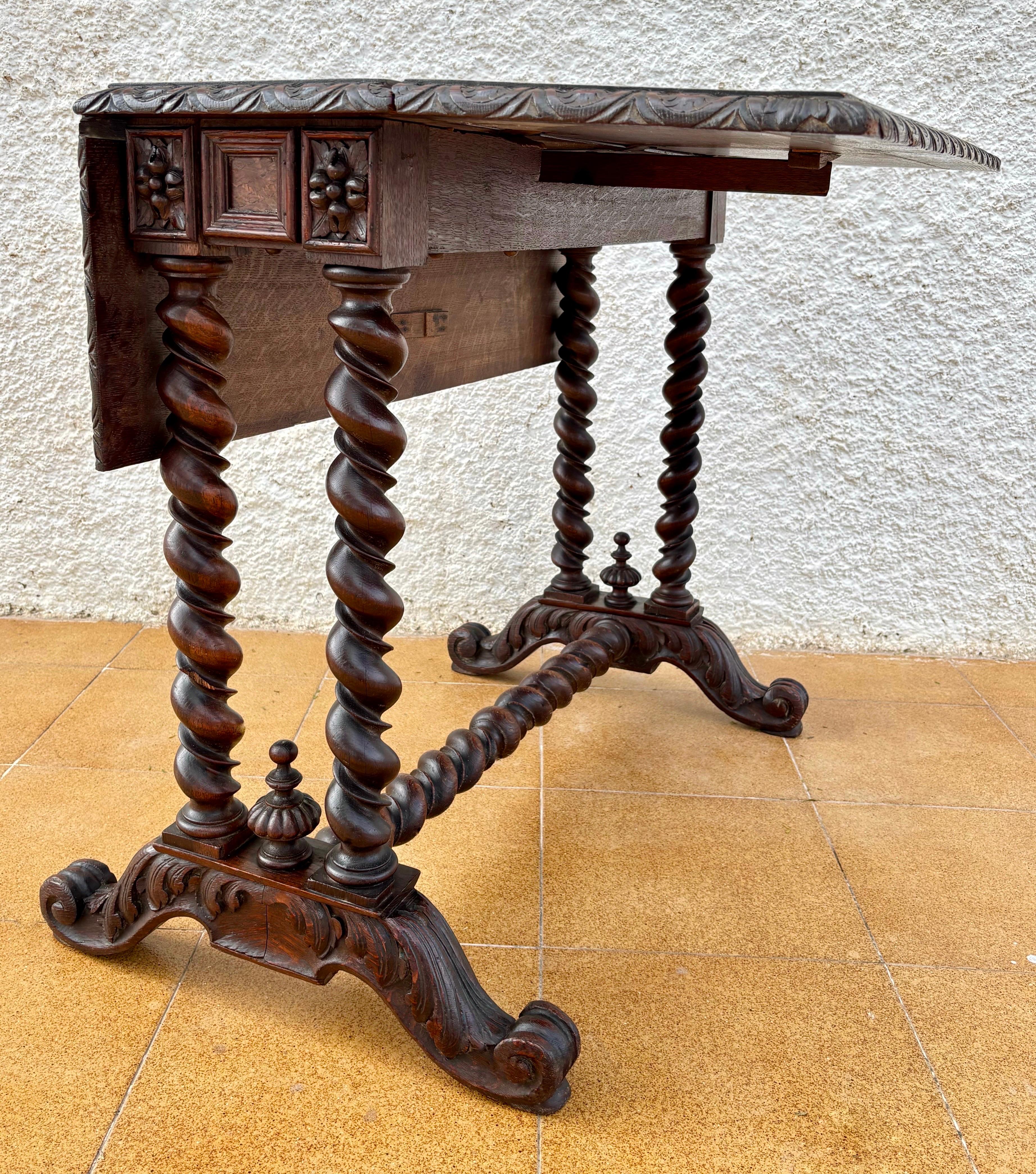 Hand-Carved Spanish Baroque Revival Drop-Leaf Table with Carved Barley Twist Legs, c.1890 For Sale