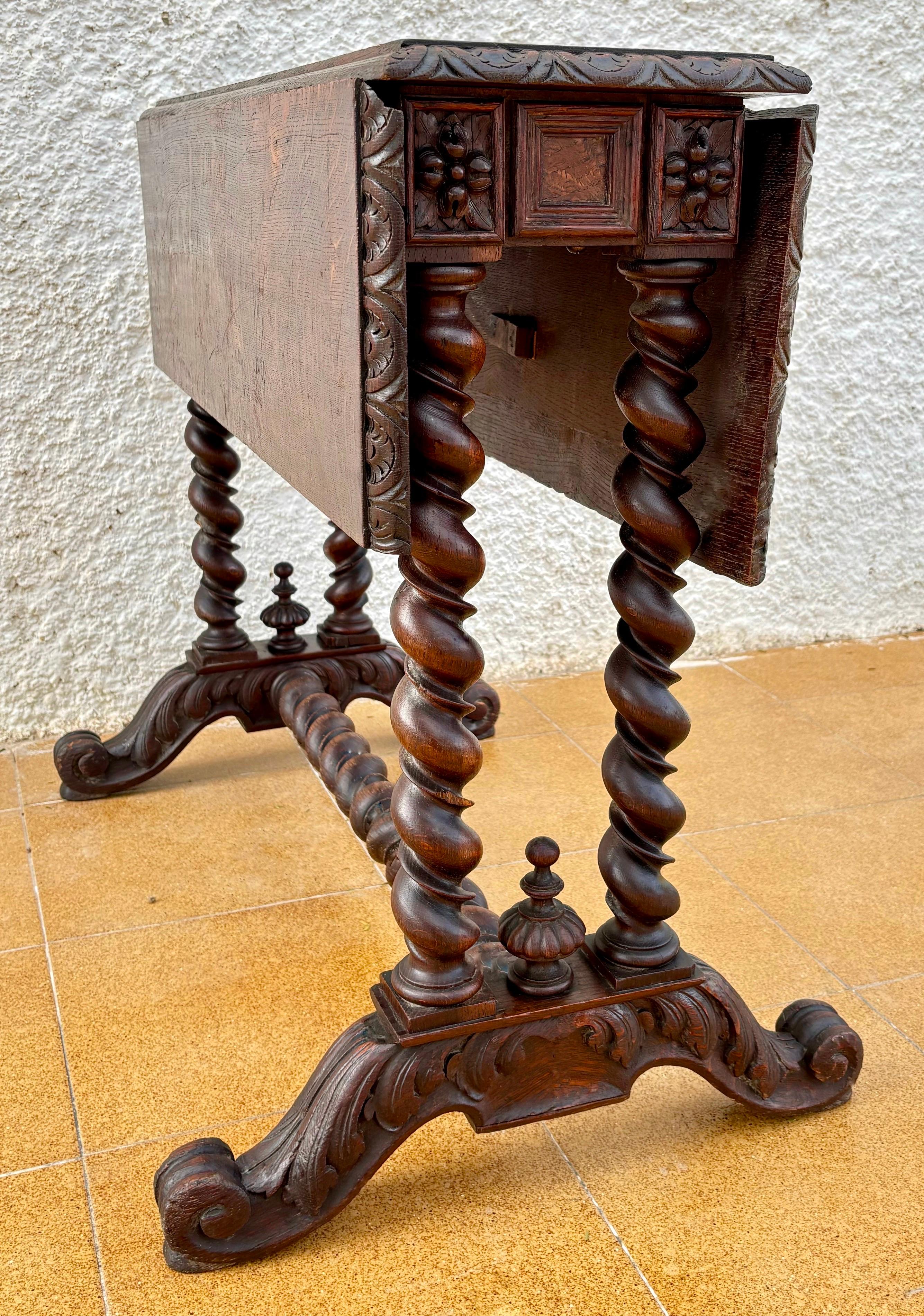 Late 19th Century Spanish Baroque Revival Drop-Leaf Table with Carved Barley Twist Legs, c.1890 For Sale