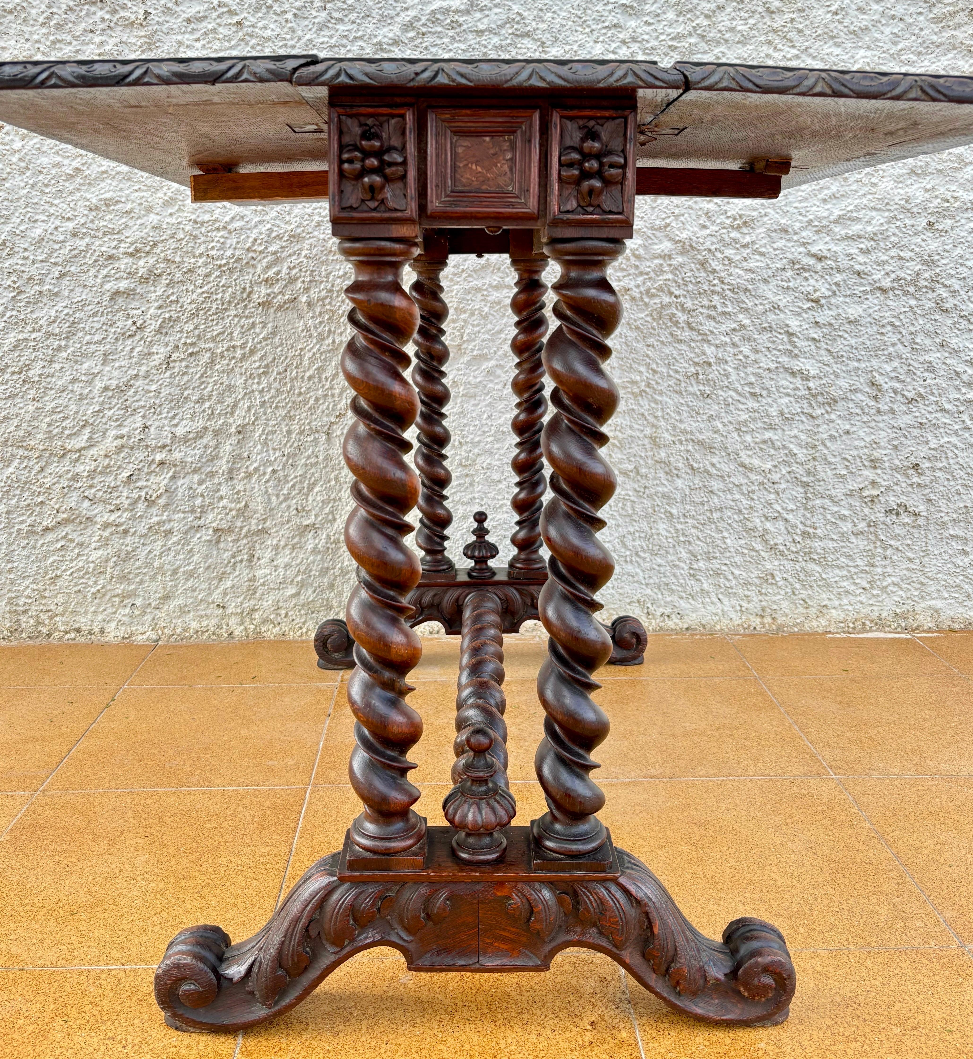 Hardwood Spanish Baroque Revival Drop-Leaf Table with Carved Barley Twist Legs, c.1890 For Sale