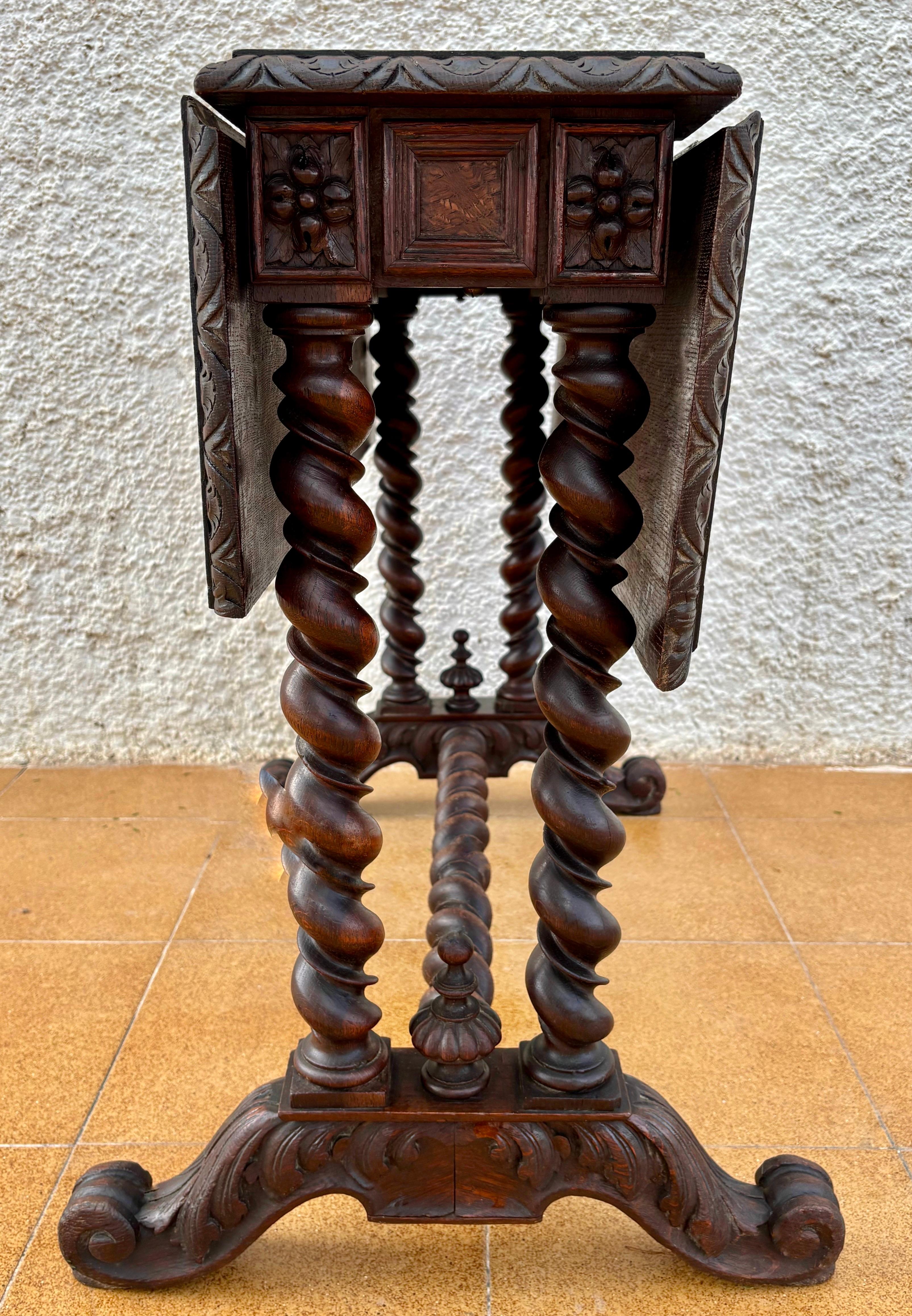 Spanish Baroque Revival Drop-Leaf Table with Carved Barley Twist Legs, c.1890 For Sale 1