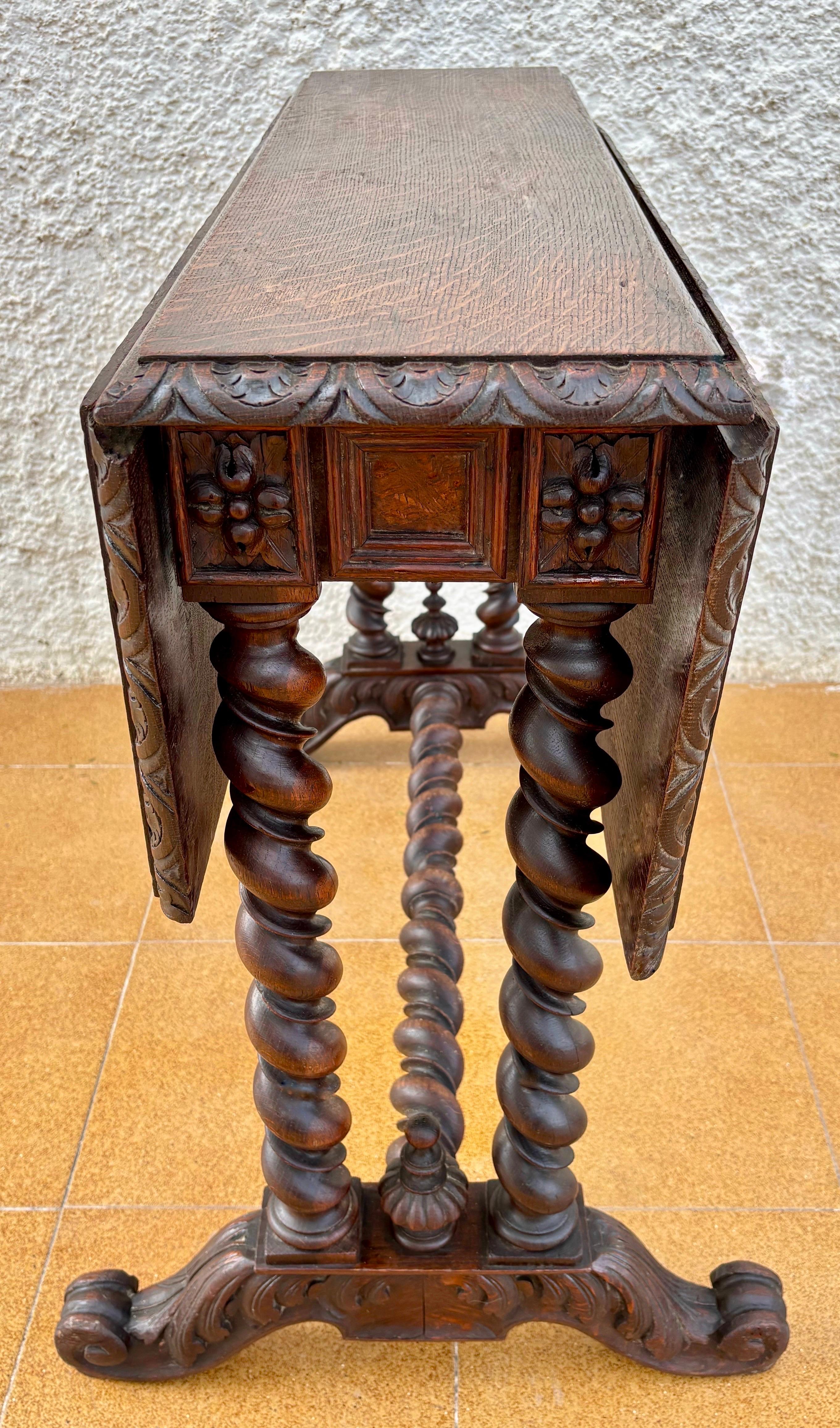 Spanish Baroque Revival Drop-Leaf Table with Carved Barley Twist Legs, c.1890 For Sale 2