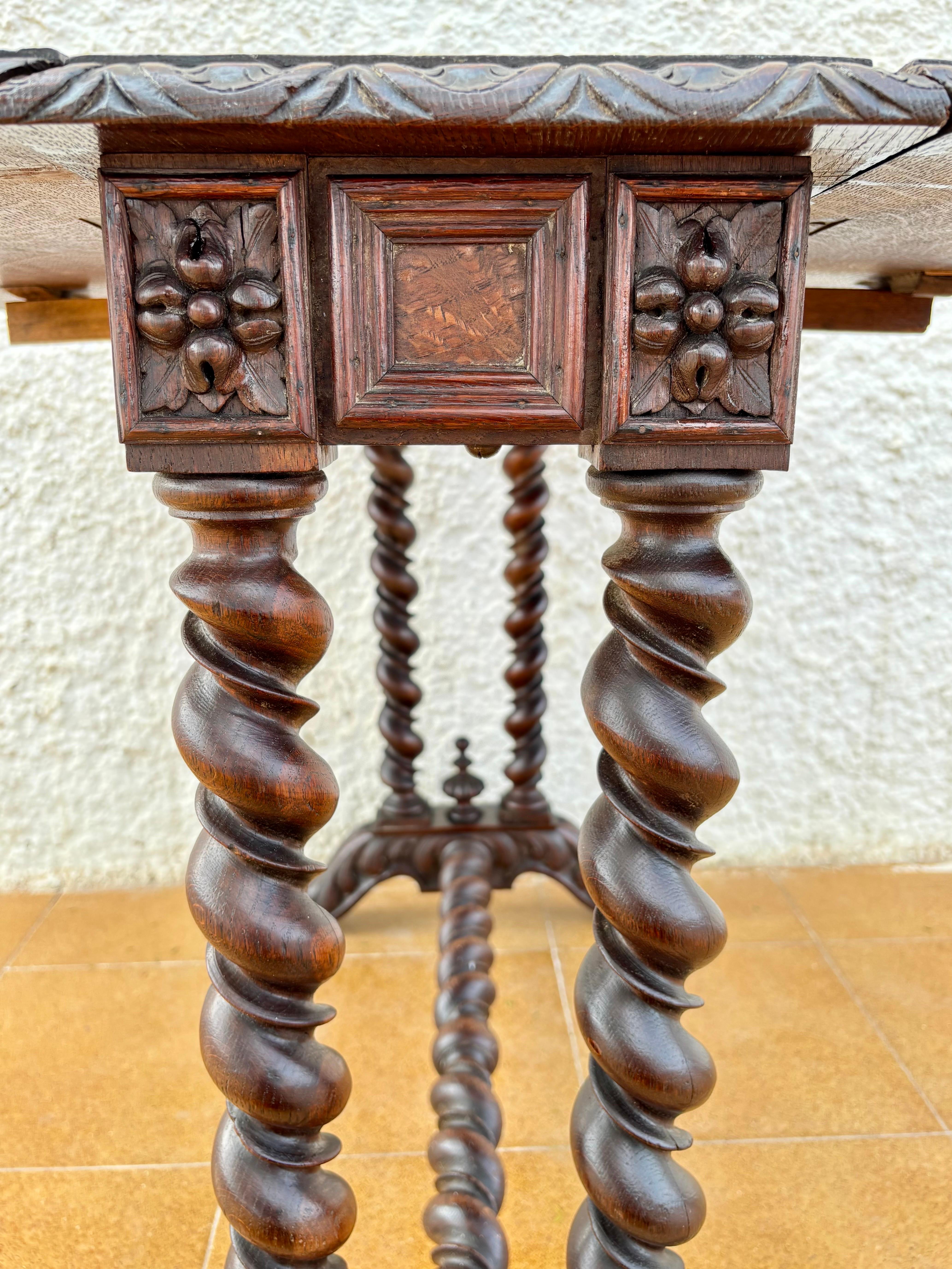Spanish Baroque Revival Drop-Leaf Table with Carved Barley Twist Legs, c.1890 For Sale 3