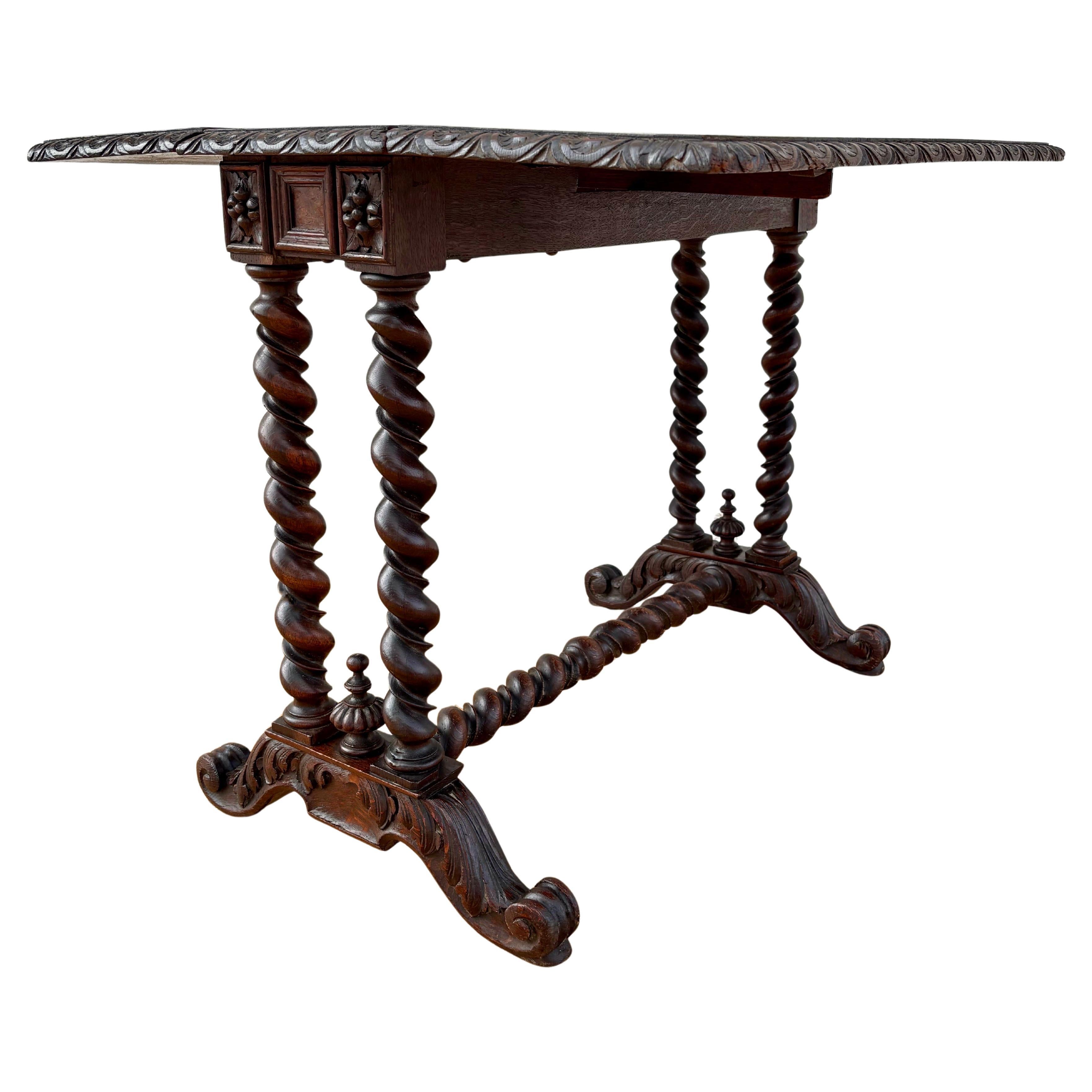 Spanish Baroque Revival Drop-Leaf Table with Carved Barley Twist Legs, c.1890 For Sale