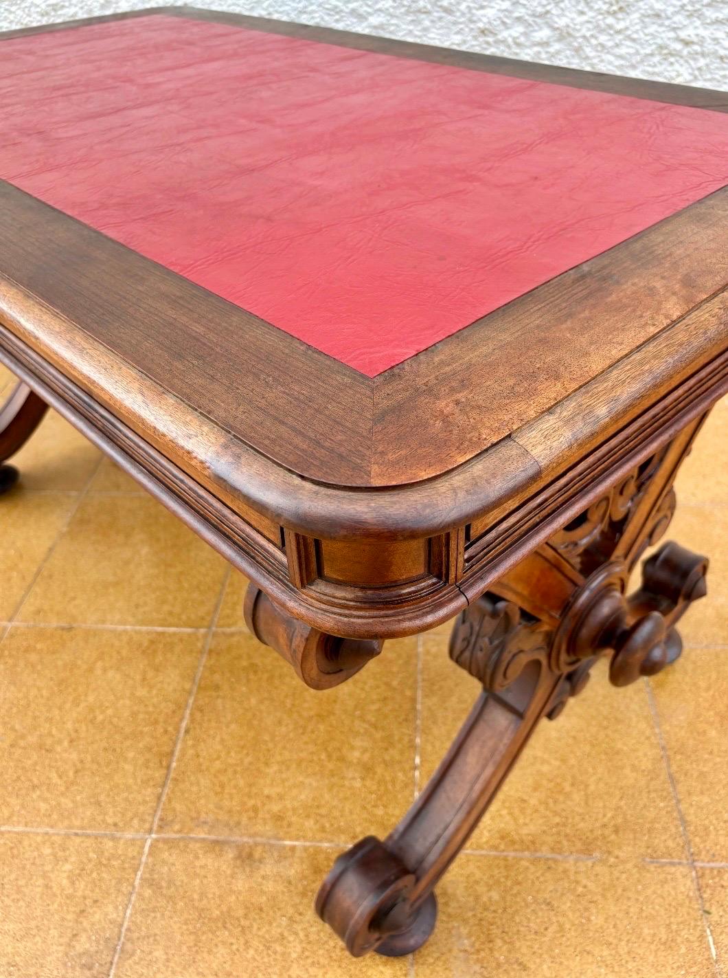 Spanish Baroque Revival Writing Table with Lyre Legs and Leather Top, 1920s For Sale 5