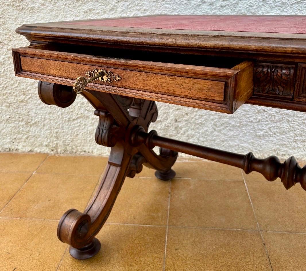 Hand-Carved Spanish Baroque Revival Writing Table with Lyre Legs and Leather Top, 1920s For Sale