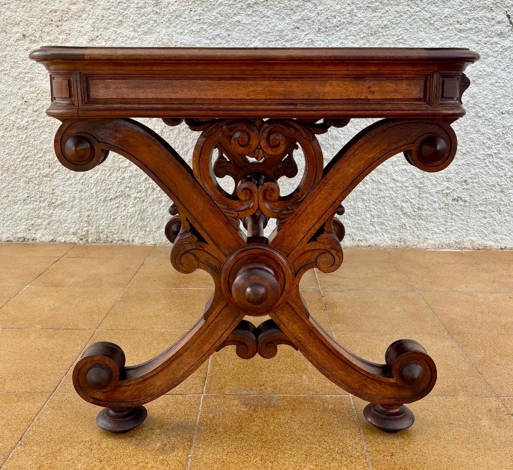 Early 20th Century Spanish Baroque Revival Writing Table with Lyre Legs and Leather Top, 1920s For Sale