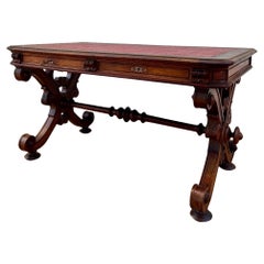 Spanish Baroque Revival Writing Table with Lyre Legs and Leather Top, 1920s