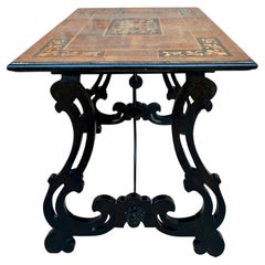 Spanish Baroque Side Table with Lyre Legs and Marquetry Top, 1850