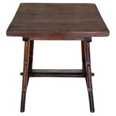 Spanish Baroque Side Table with Wood Stretcher and Carved Top in Walnut