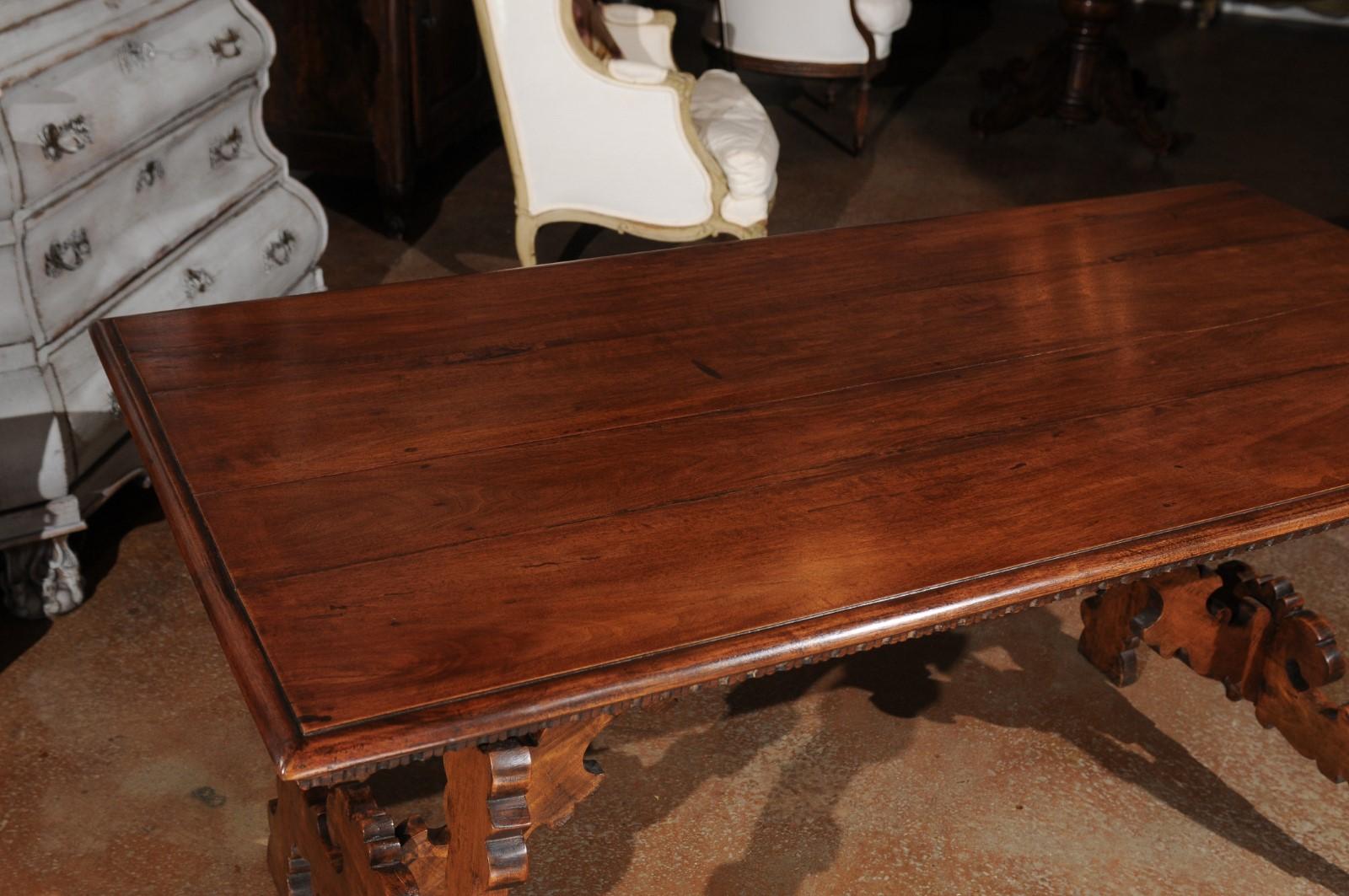 Spanish Baroque Style 19th Century Walnut Fratino Table with Carved Lyre Legs In Good Condition In Atlanta, GA