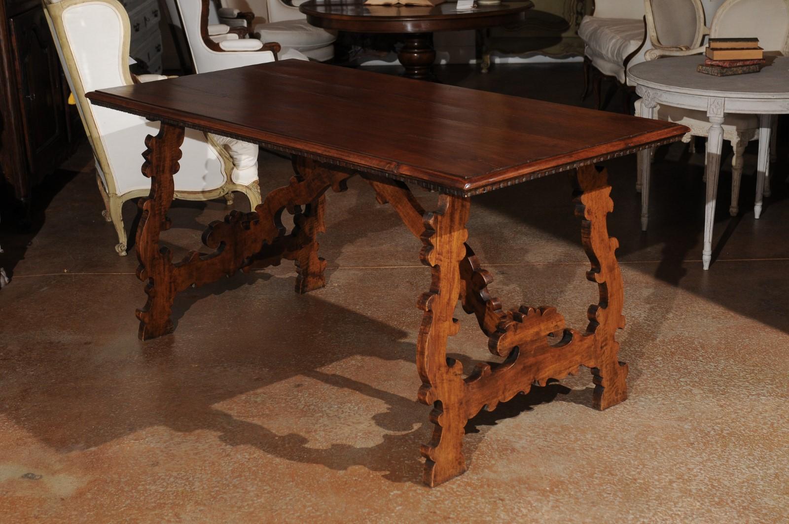Spanish Baroque Style 19th Century Walnut Fratino Table with Carved Lyre Legs 3