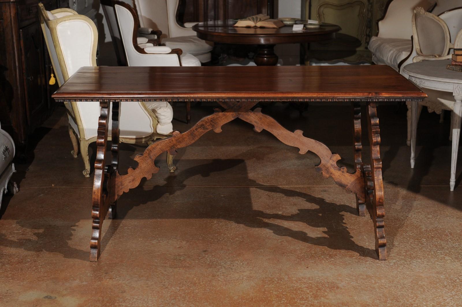Spanish Baroque Style 19th Century Walnut Fratino Table with Carved Lyre Legs 4