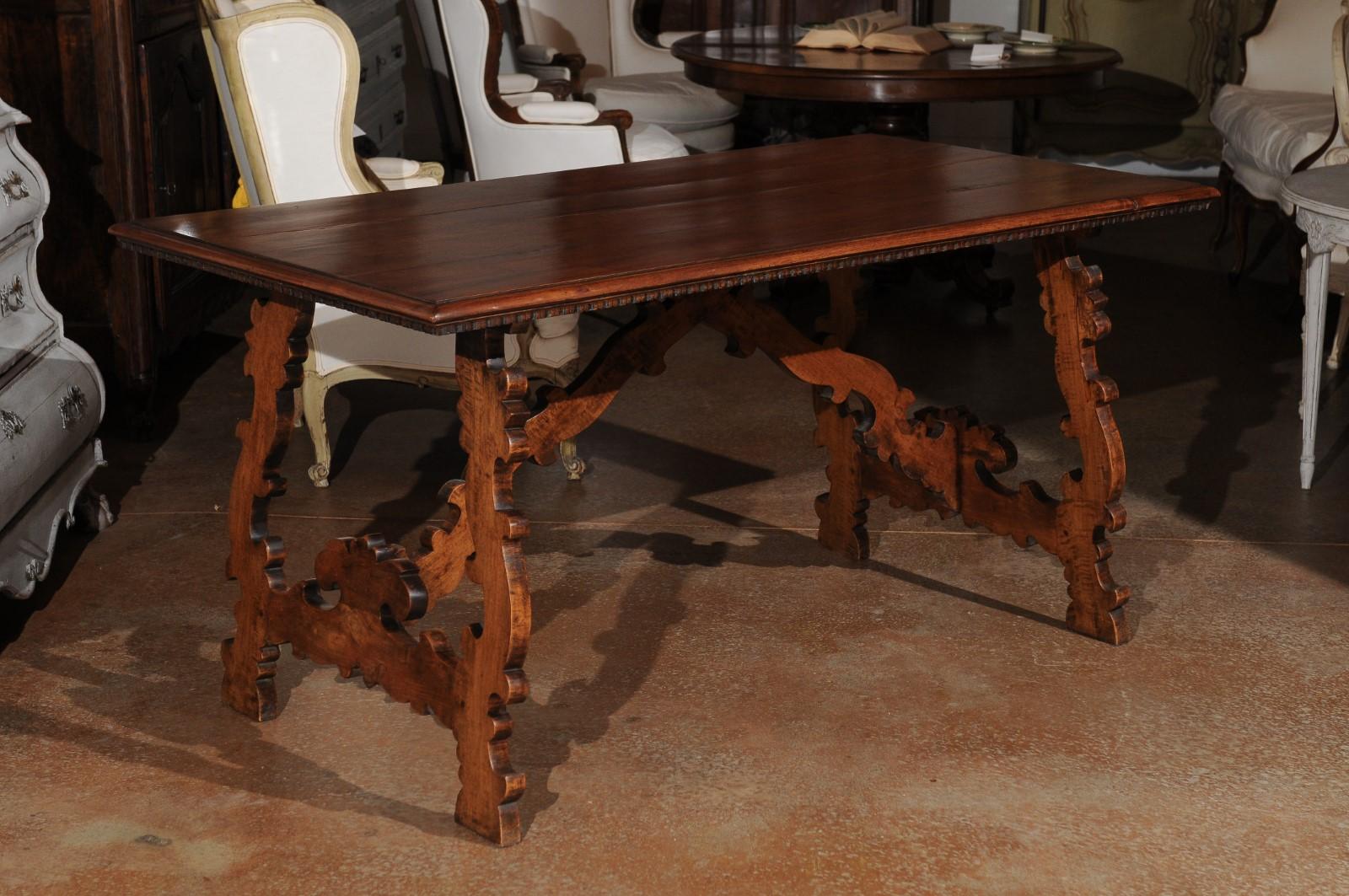 Spanish Baroque Style 19th Century Walnut Fratino Table with Carved Lyre Legs 5