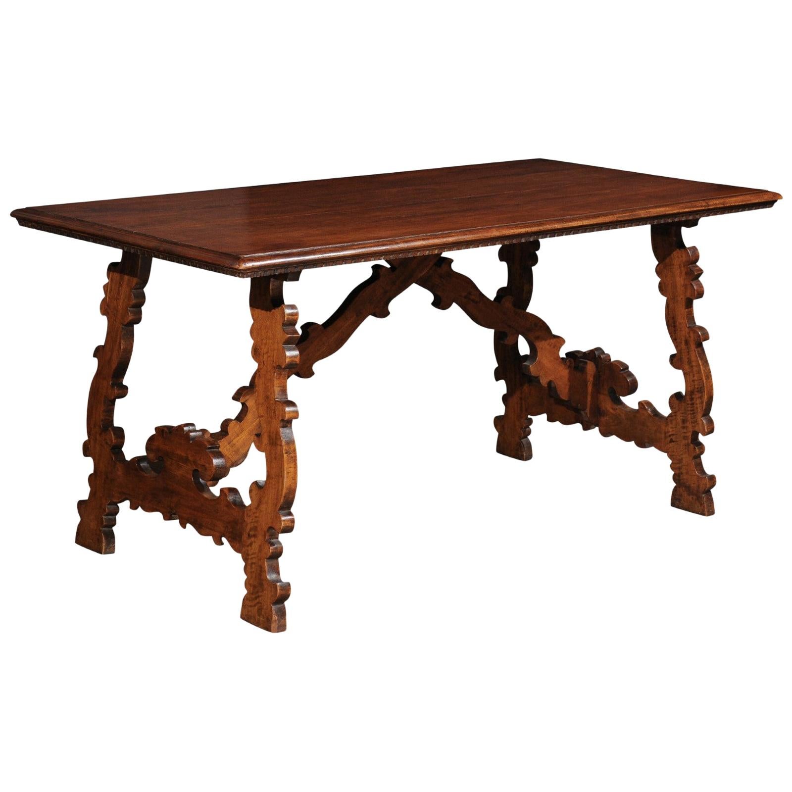 Spanish Baroque Style 19th Century Walnut Fratino Table with Carved Lyre Legs
