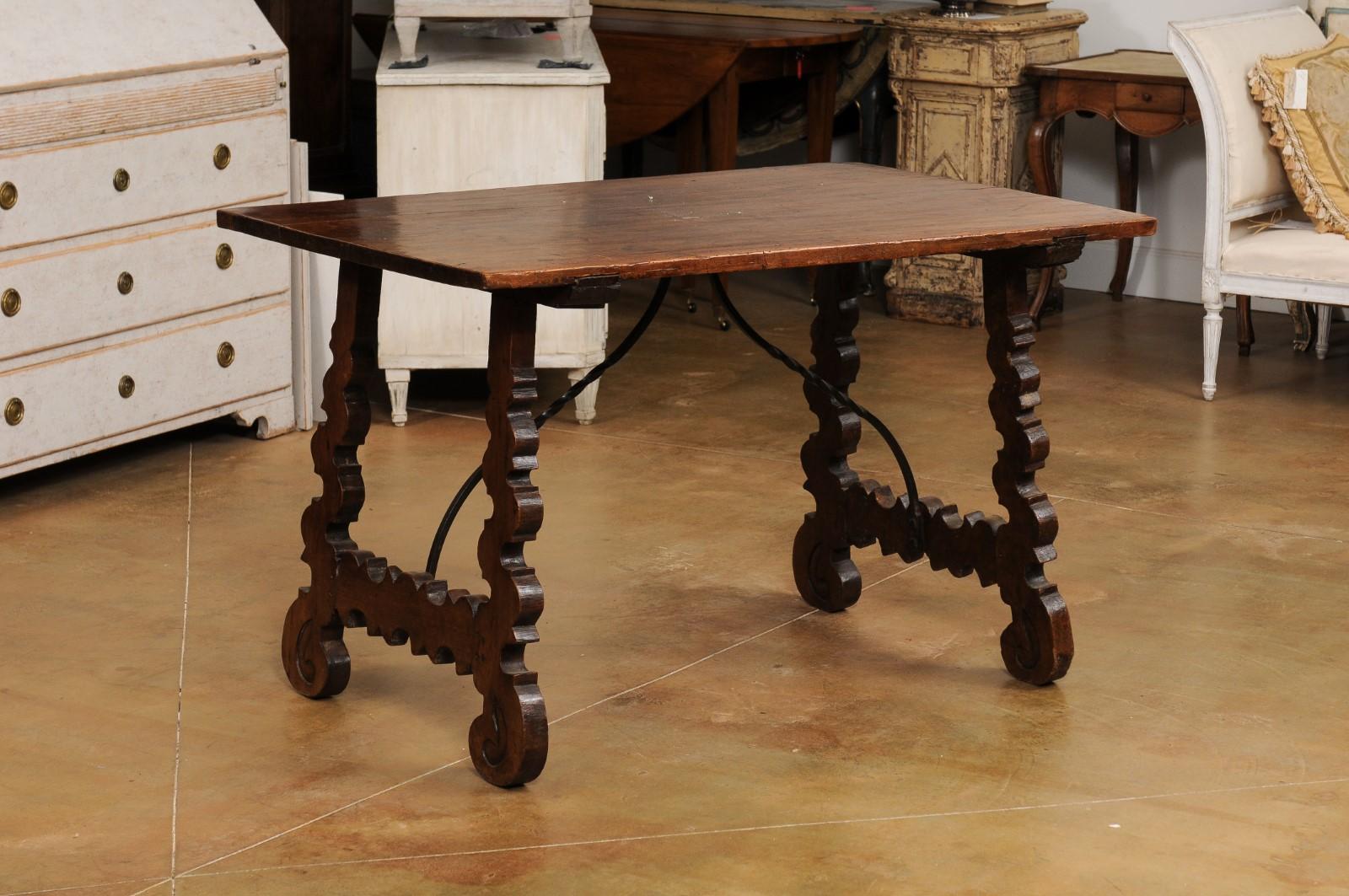 Carved Spanish Baroque Style 19th Century Walnut Fratino Table with Lyre Shaped Base For Sale