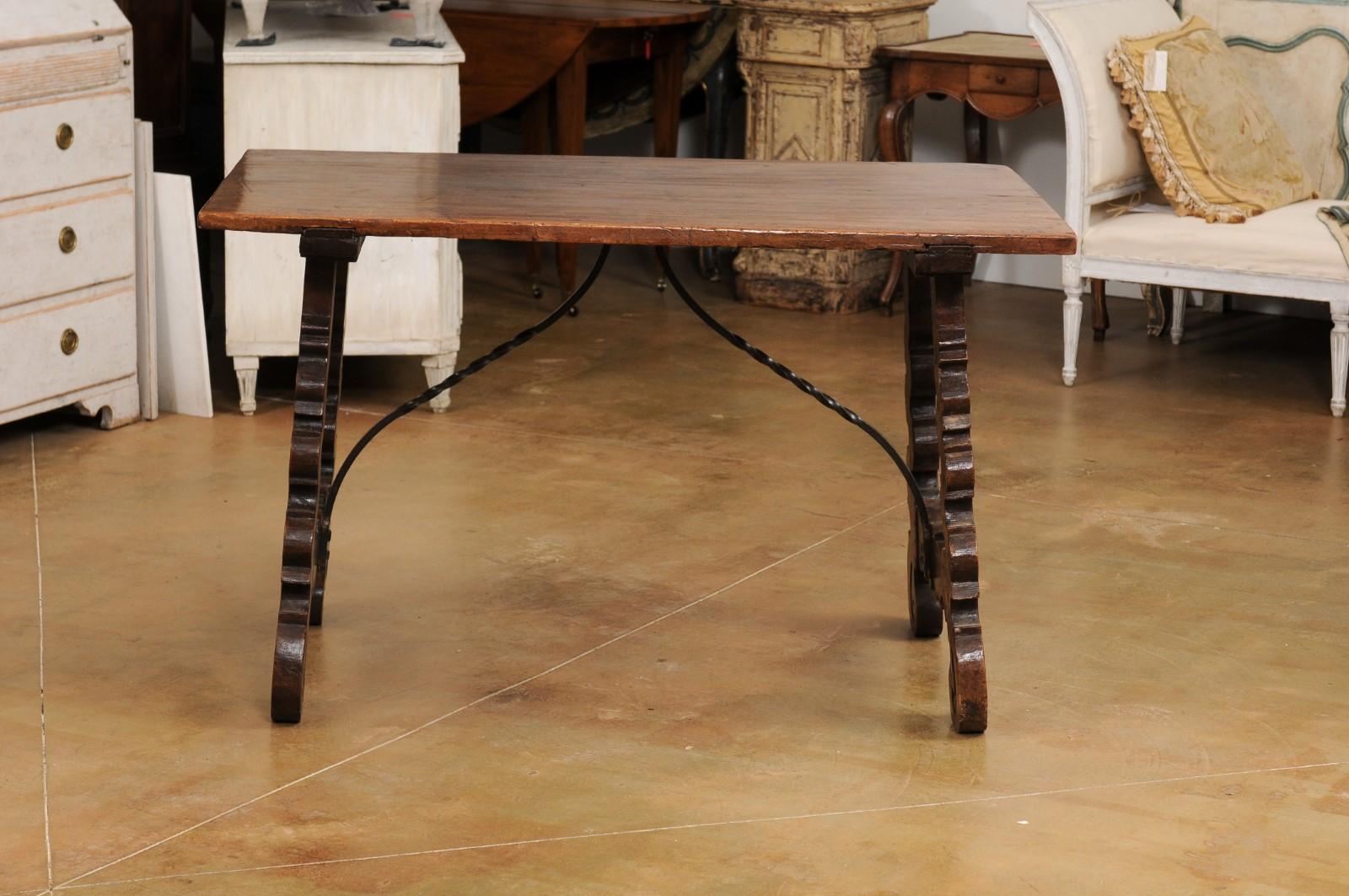 Iron Spanish Baroque Style 19th Century Walnut Fratino Table with Lyre Shaped Base For Sale