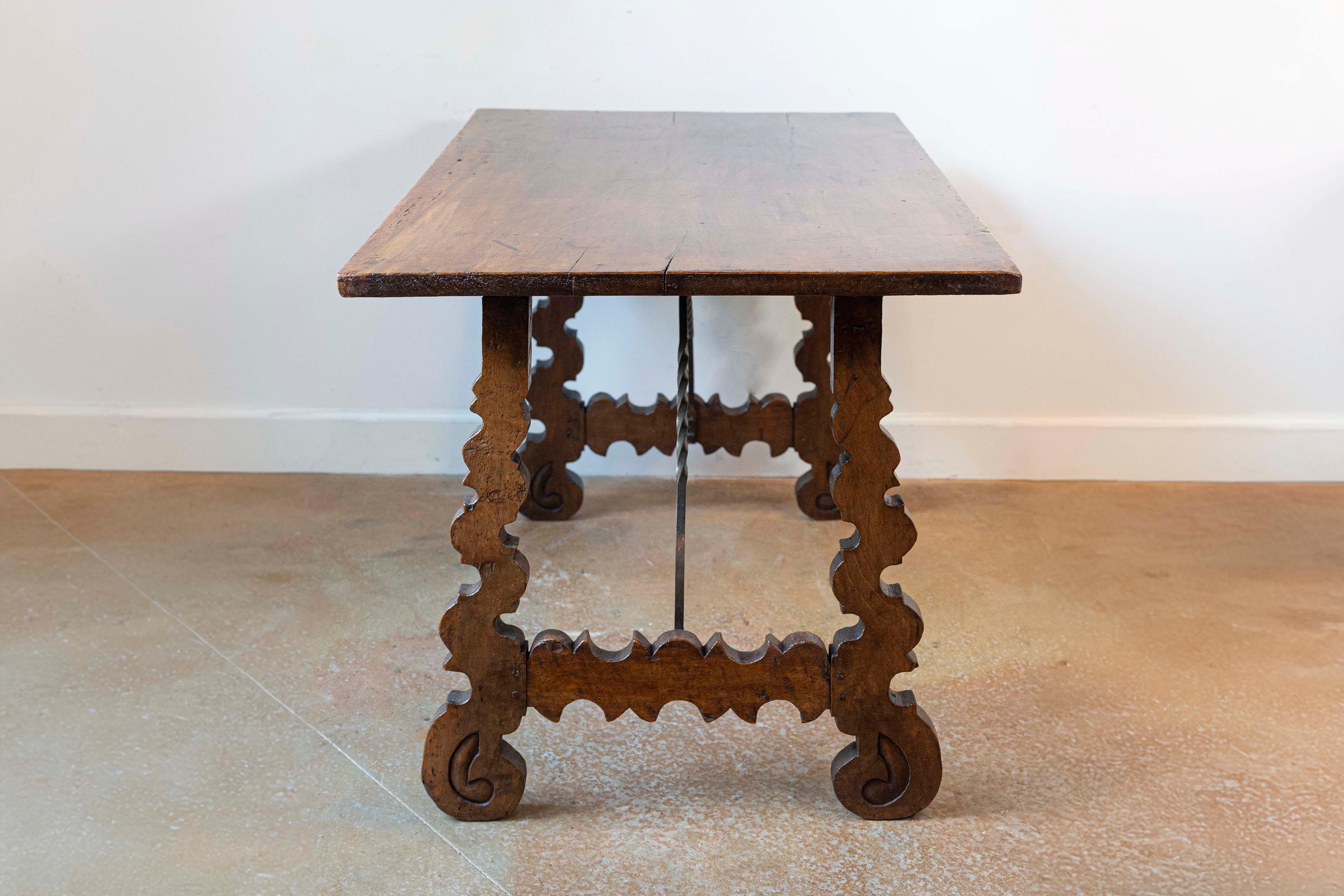 Iron Spanish Baroque Style 19th Century Walnut Fratino Table with Lyre Shaped Base For Sale