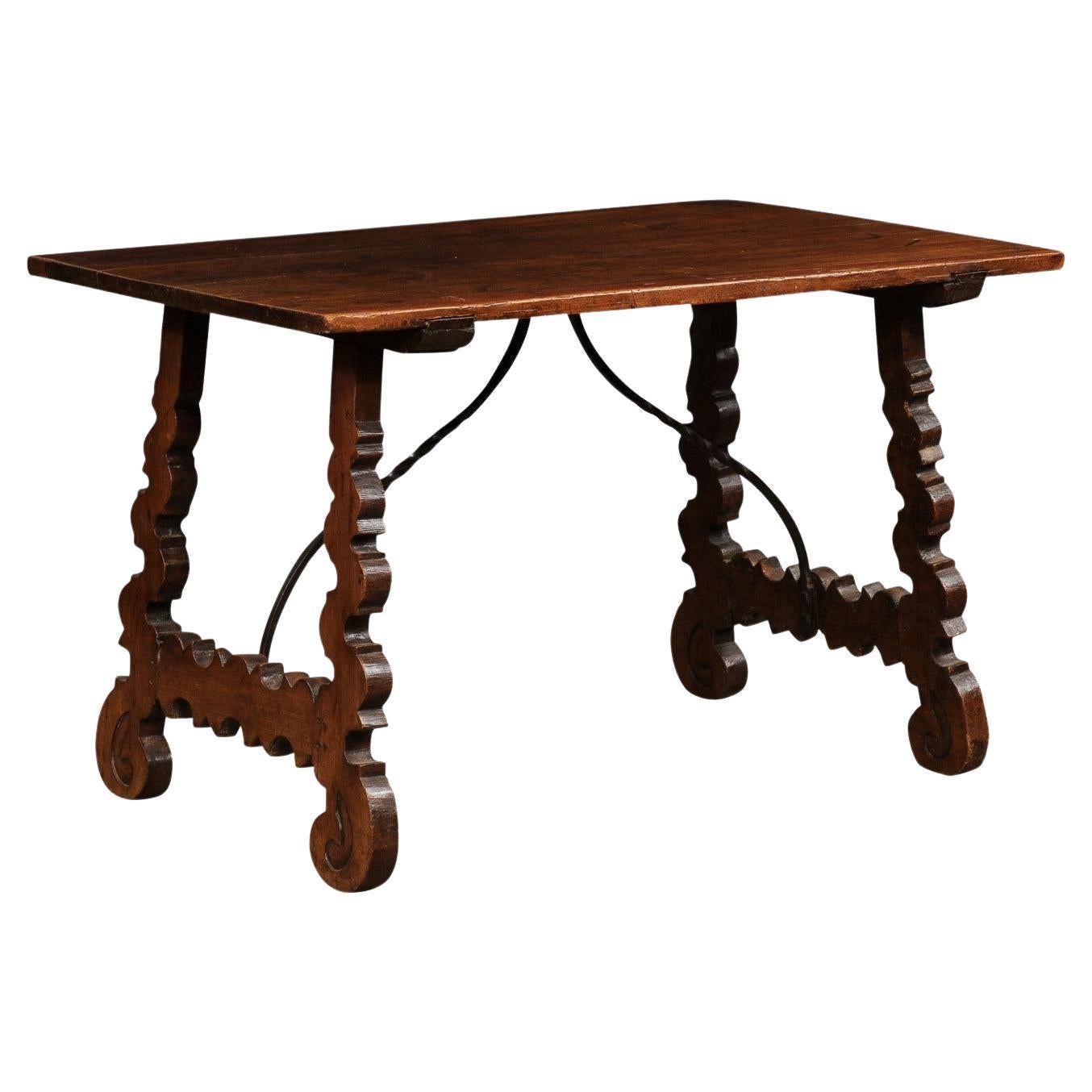 Spanish Baroque Style 19th Century Walnut Fratino Table with Lyre Shaped Base