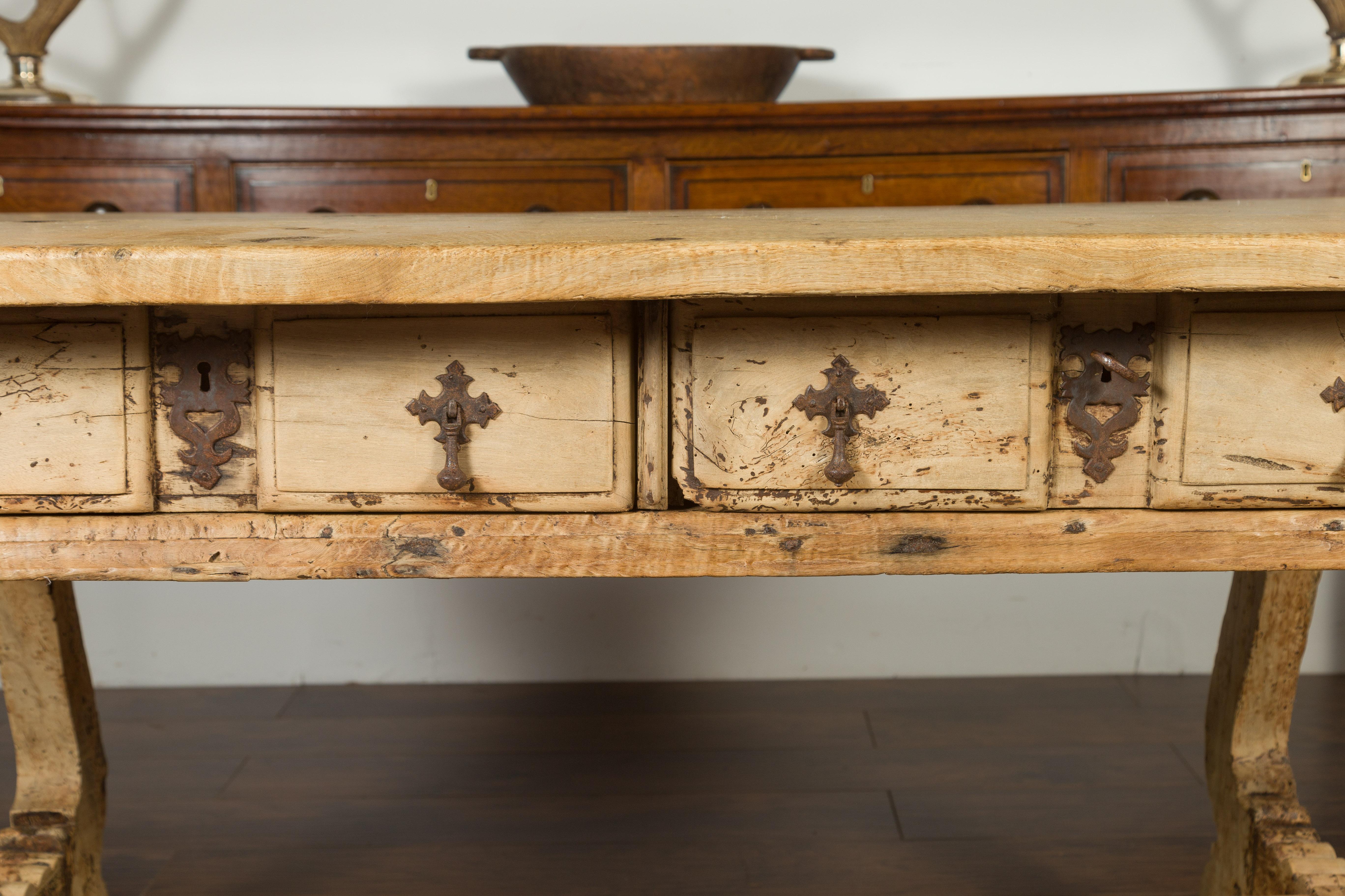Spanish Baroque Style Bleached Walnut Trestle Base Farm Table, circa 1820 For Sale 1
