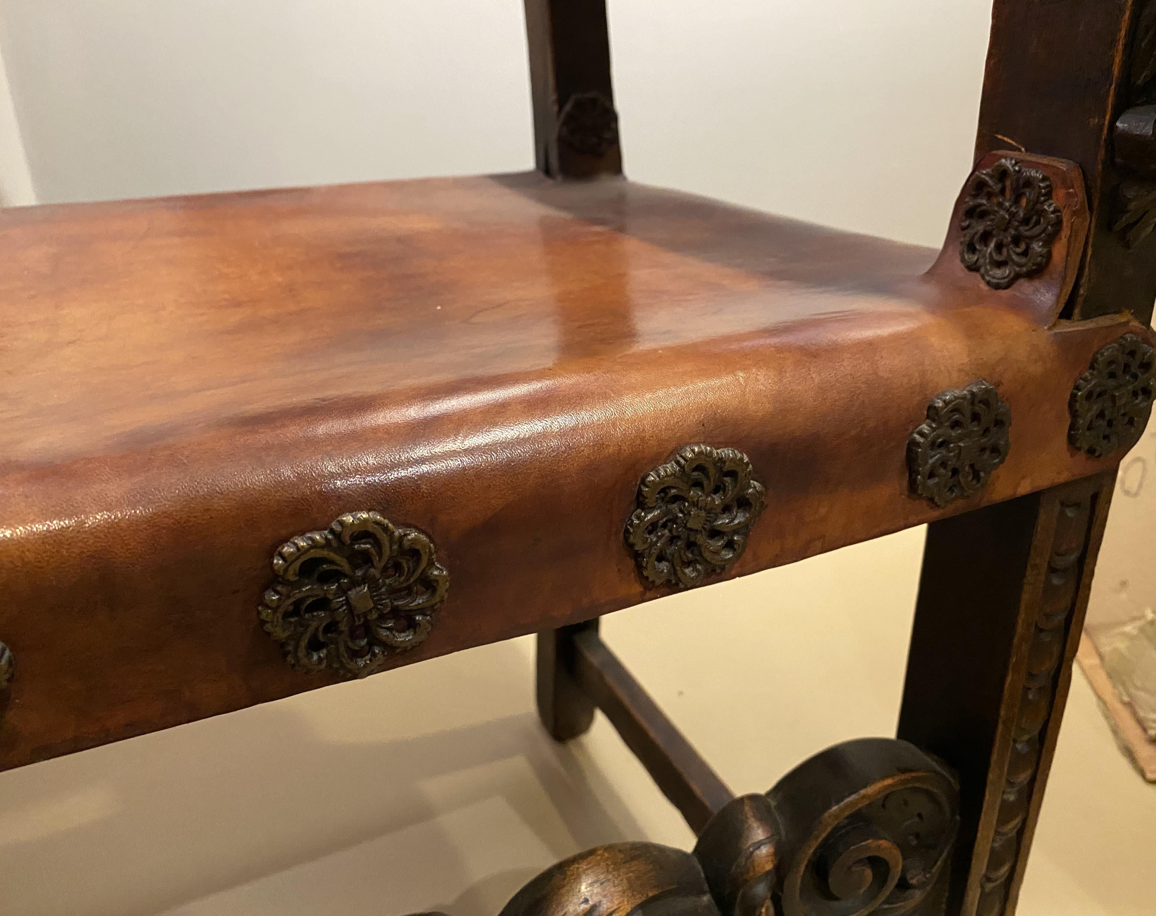 Spanish Baroque Style Carved Oak & Leather Armchair For Sale 4