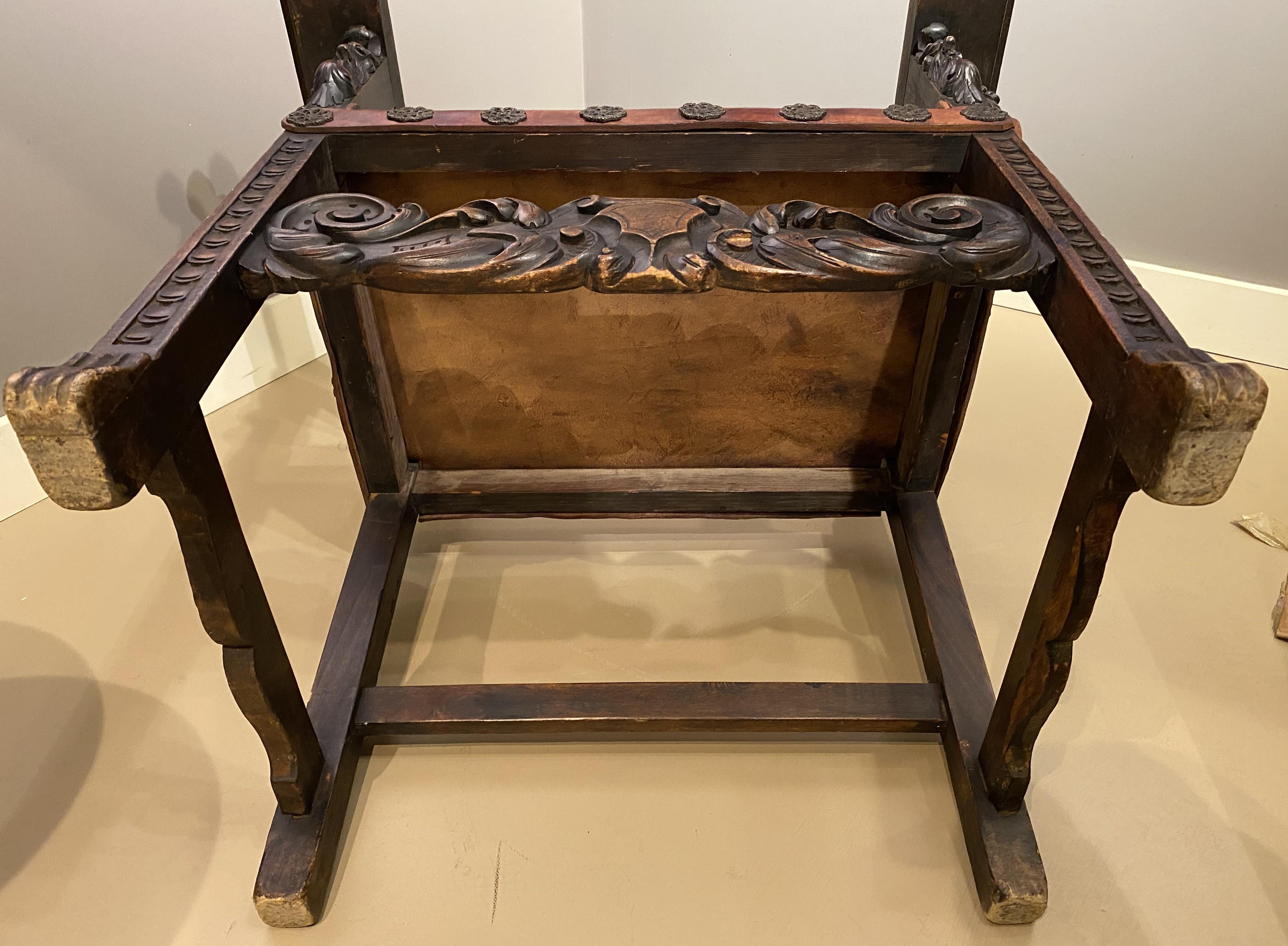 Spanish Baroque Style Carved Oak & Leather Armchair For Sale 5