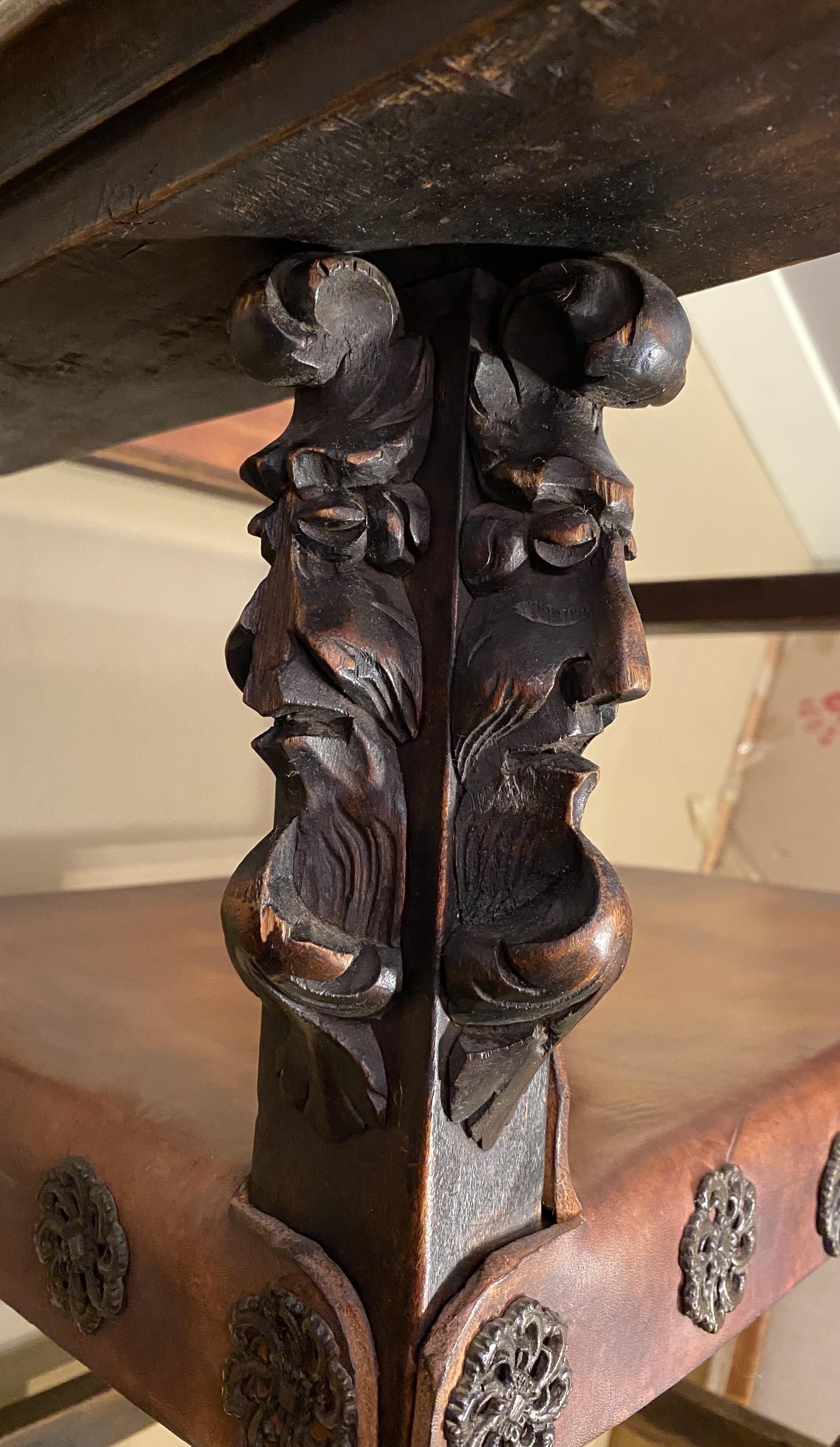 Spanish Baroque Style Carved Oak & Leather Armchair For Sale 6