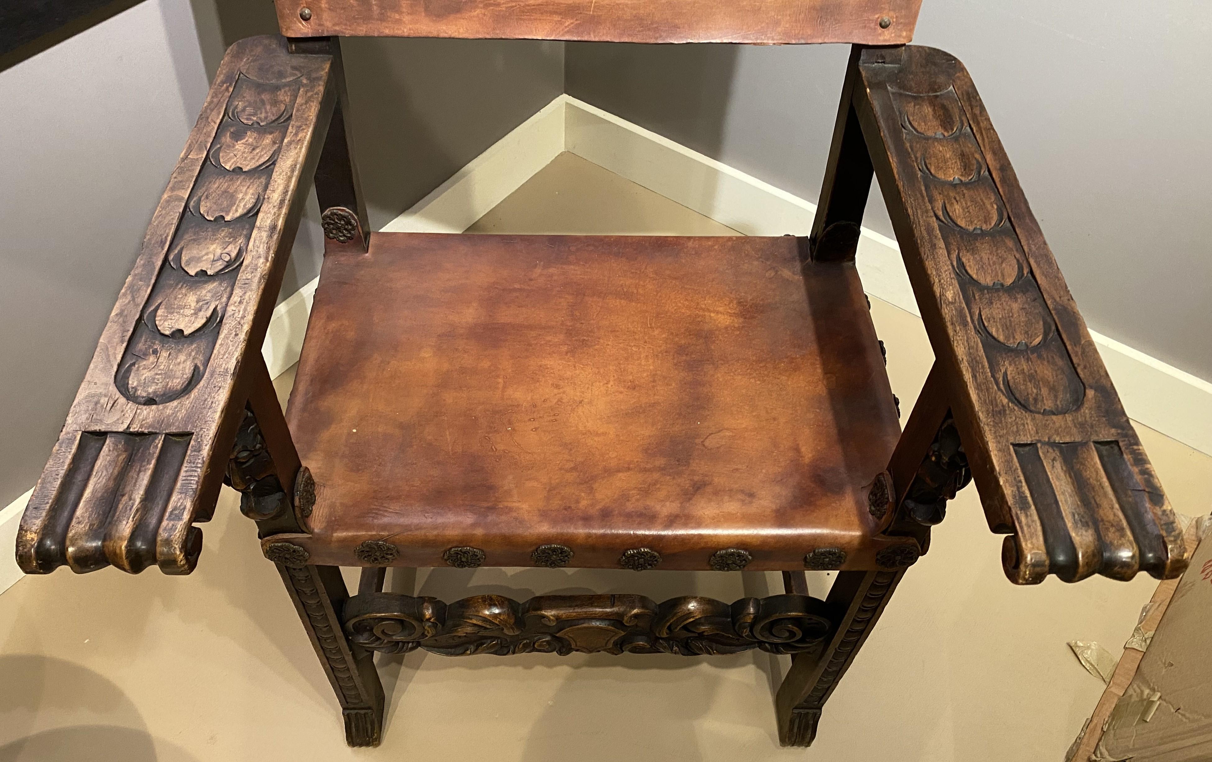 Hand-Carved Spanish Baroque Style Carved Oak & Leather Armchair For Sale