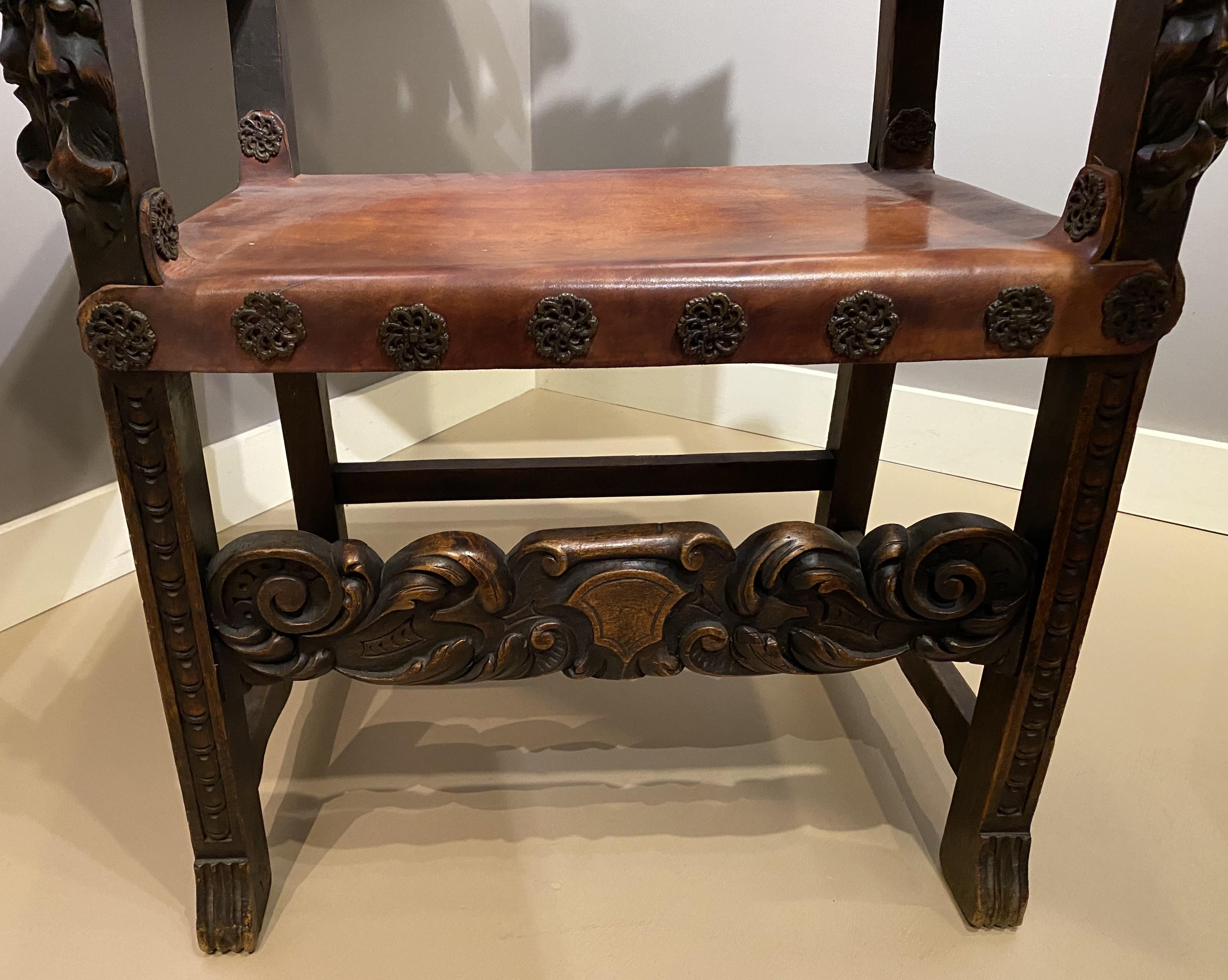 Spanish Baroque Style Carved Oak & Leather Armchair In Good Condition For Sale In Milford, NH