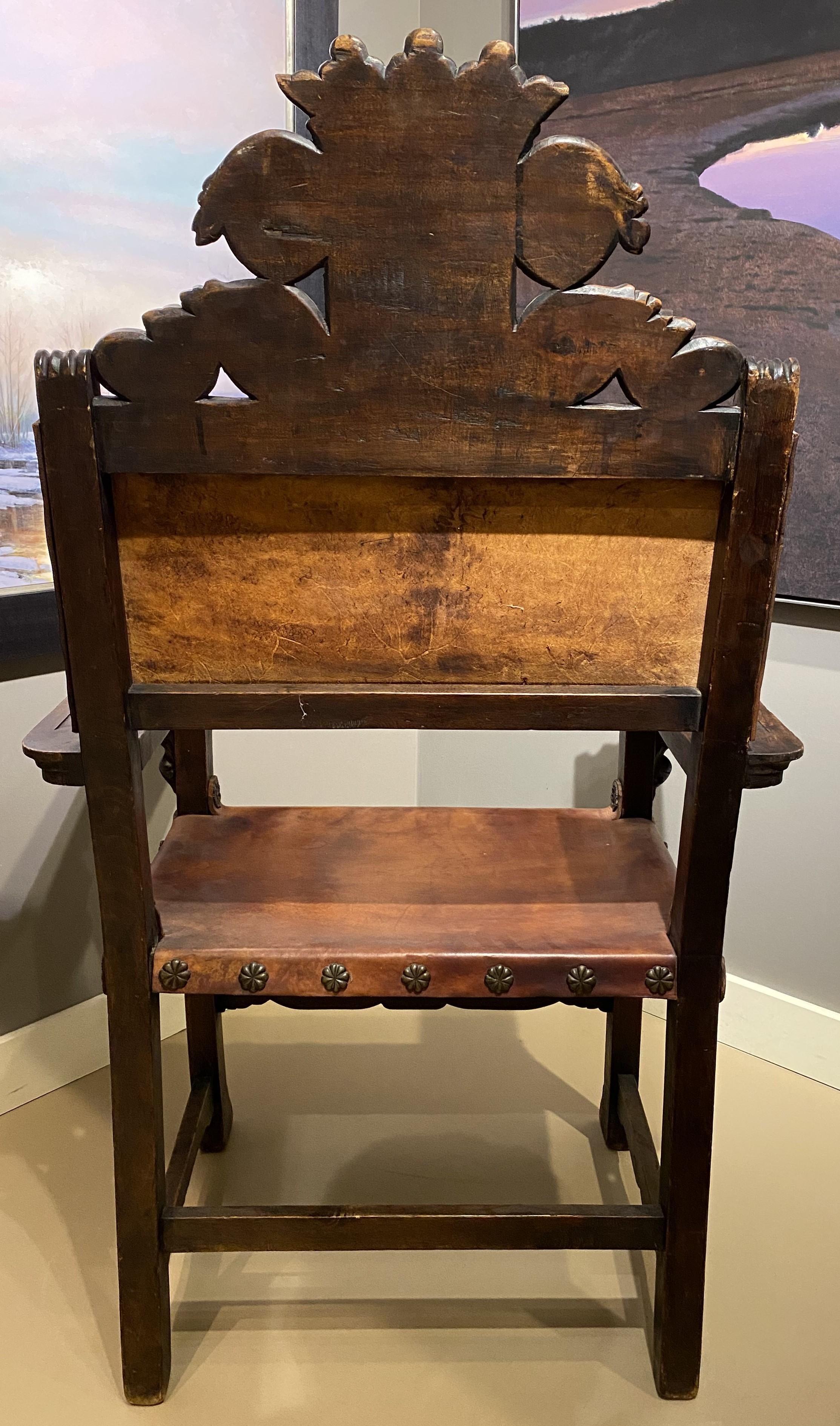 Metal Spanish Baroque Style Carved Oak & Leather Armchair For Sale