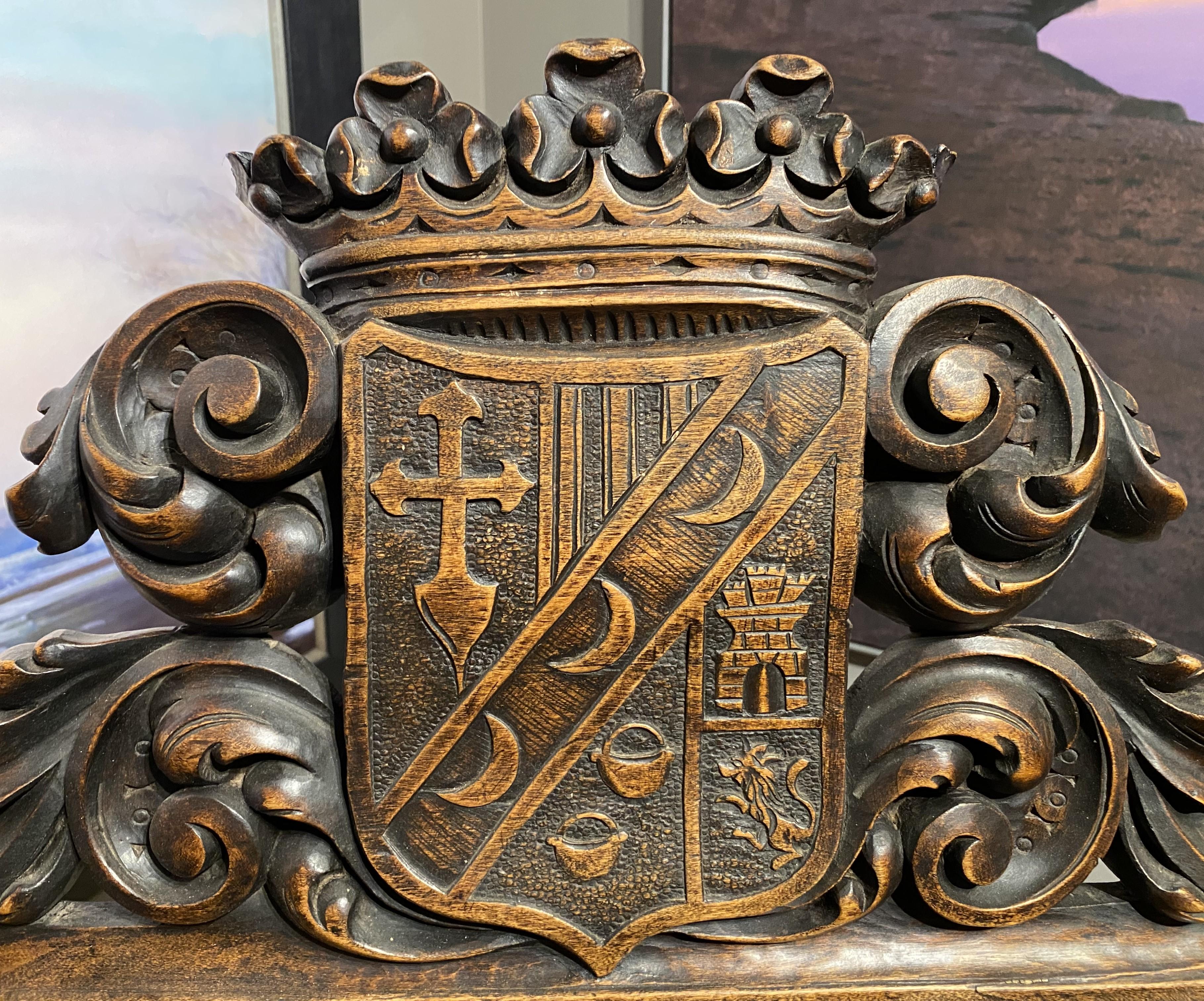 Spanish Baroque Style Carved Oak & Leather Armchair For Sale 2