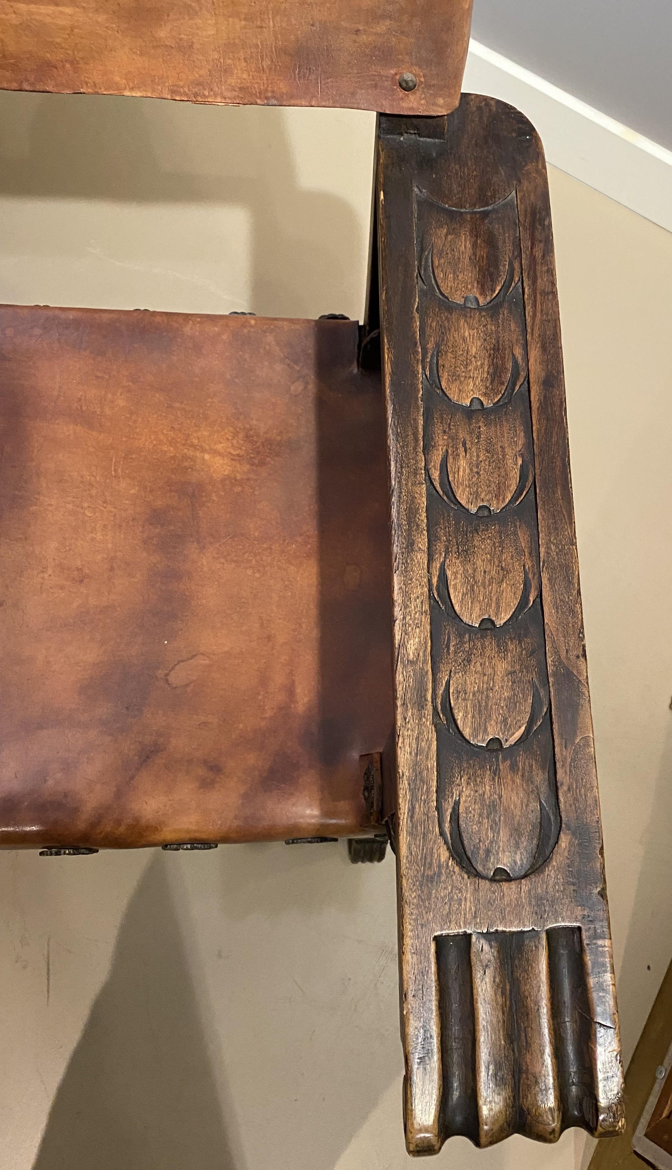 Spanish Baroque Style Carved Oak & Leather Armchair For Sale 3