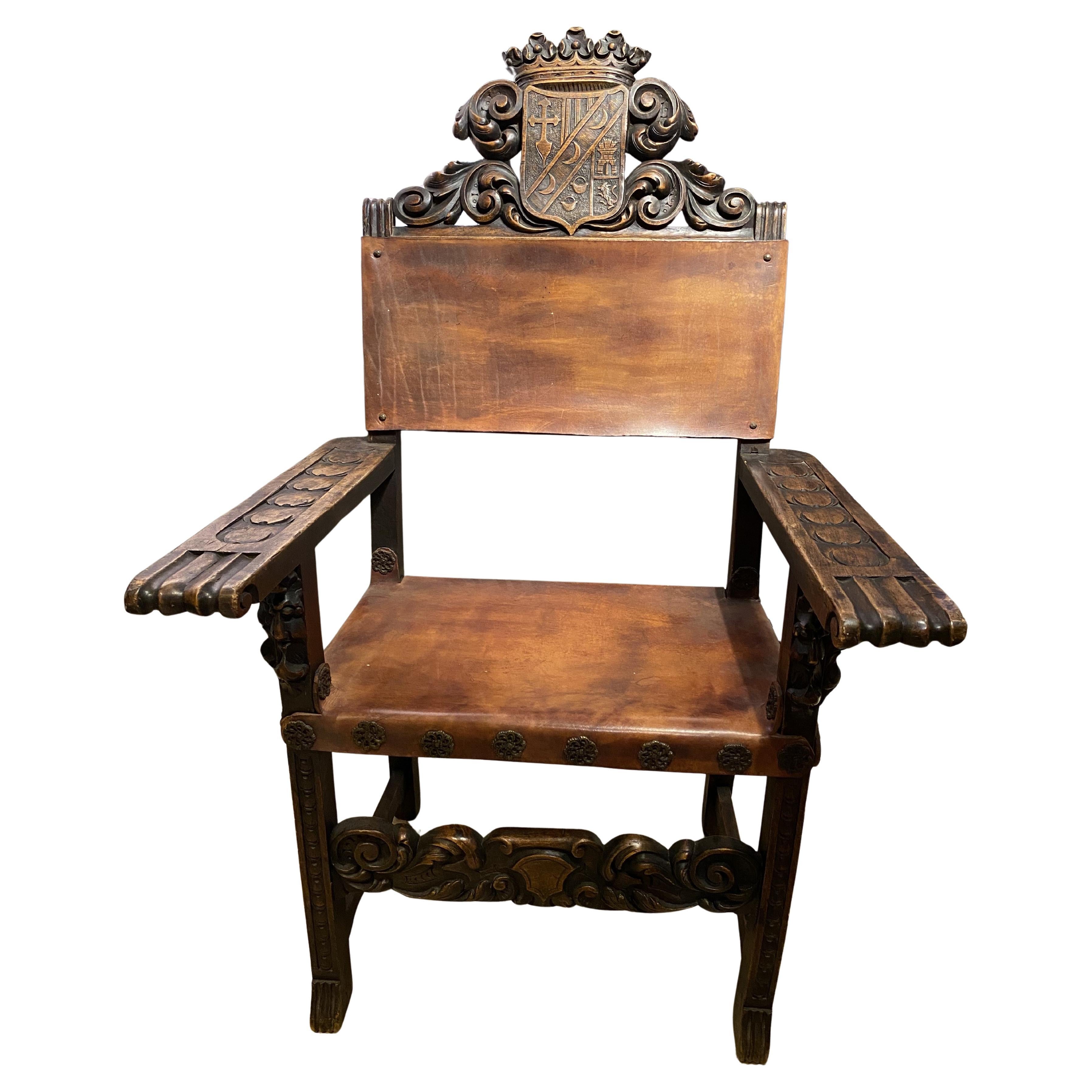 Spanish Baroque Style Carved Oak & Leather Armchair