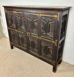 Spanish Baroque Style Carved Oak Sideboard with Iron Hardware, 1890s