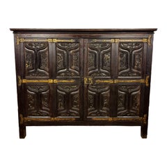 Spanish Baroque Style Carved Oak Sideboard with Iron Hardware, 1890s