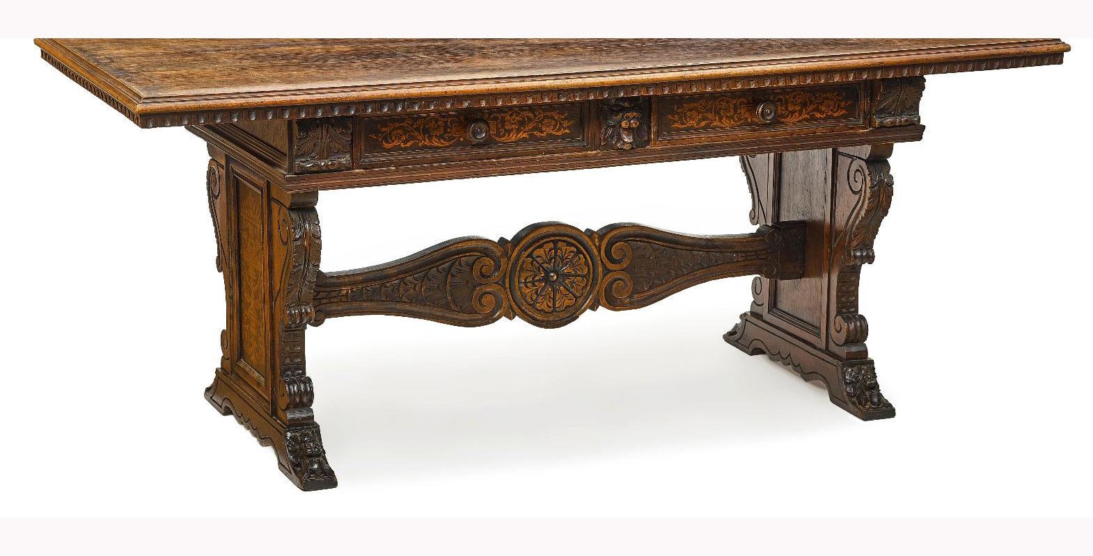 Hand-Carved Spanish Baroque Style Carved Oak Trestle Table, 19th Century