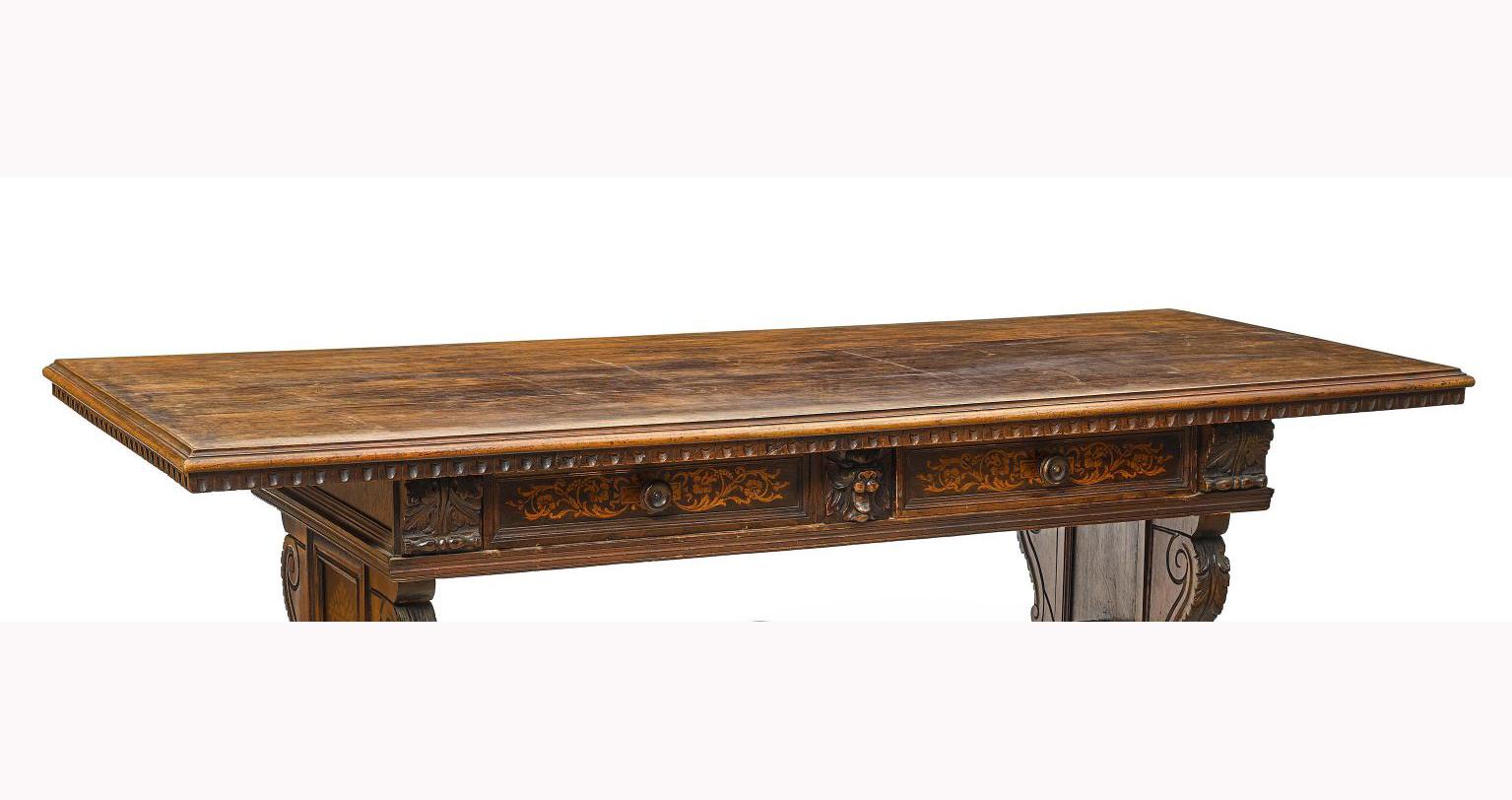 Spanish Baroque Style Carved Oak Trestle Table, 19th Century In Good Condition In Cypress, CA