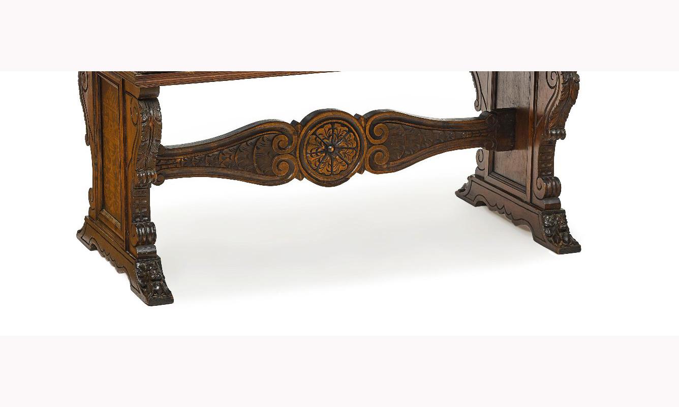 Spanish Baroque Style Carved Oak Trestle Table, 19th Century 1
