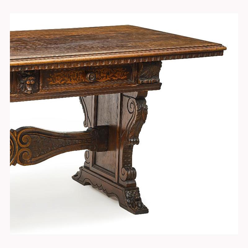Spanish Baroque Style Carved Oak Trestle Table, 19th Century 4