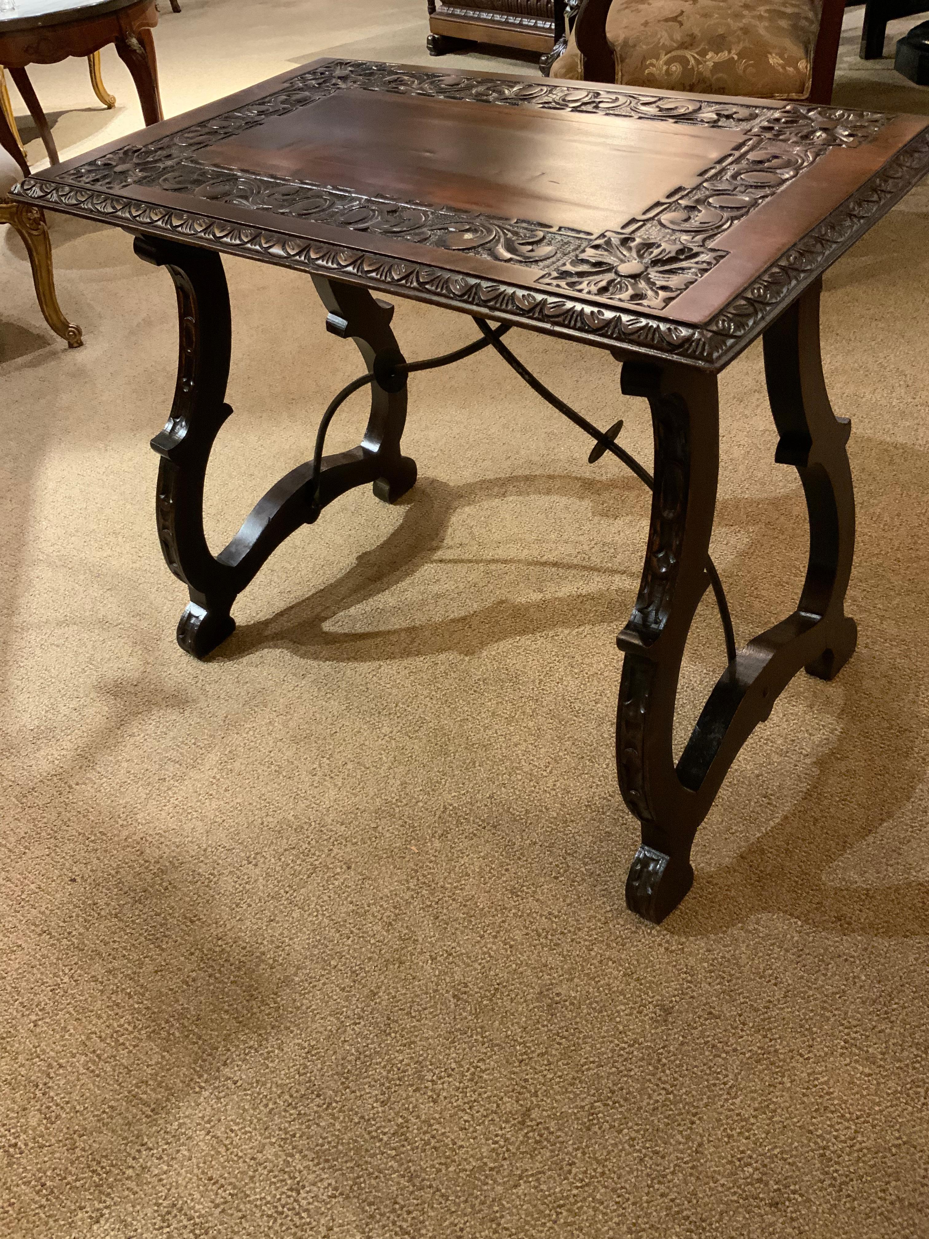 Hand-Carved Spanish Baroque Style Carved Table with Iron Stretcher 19th C