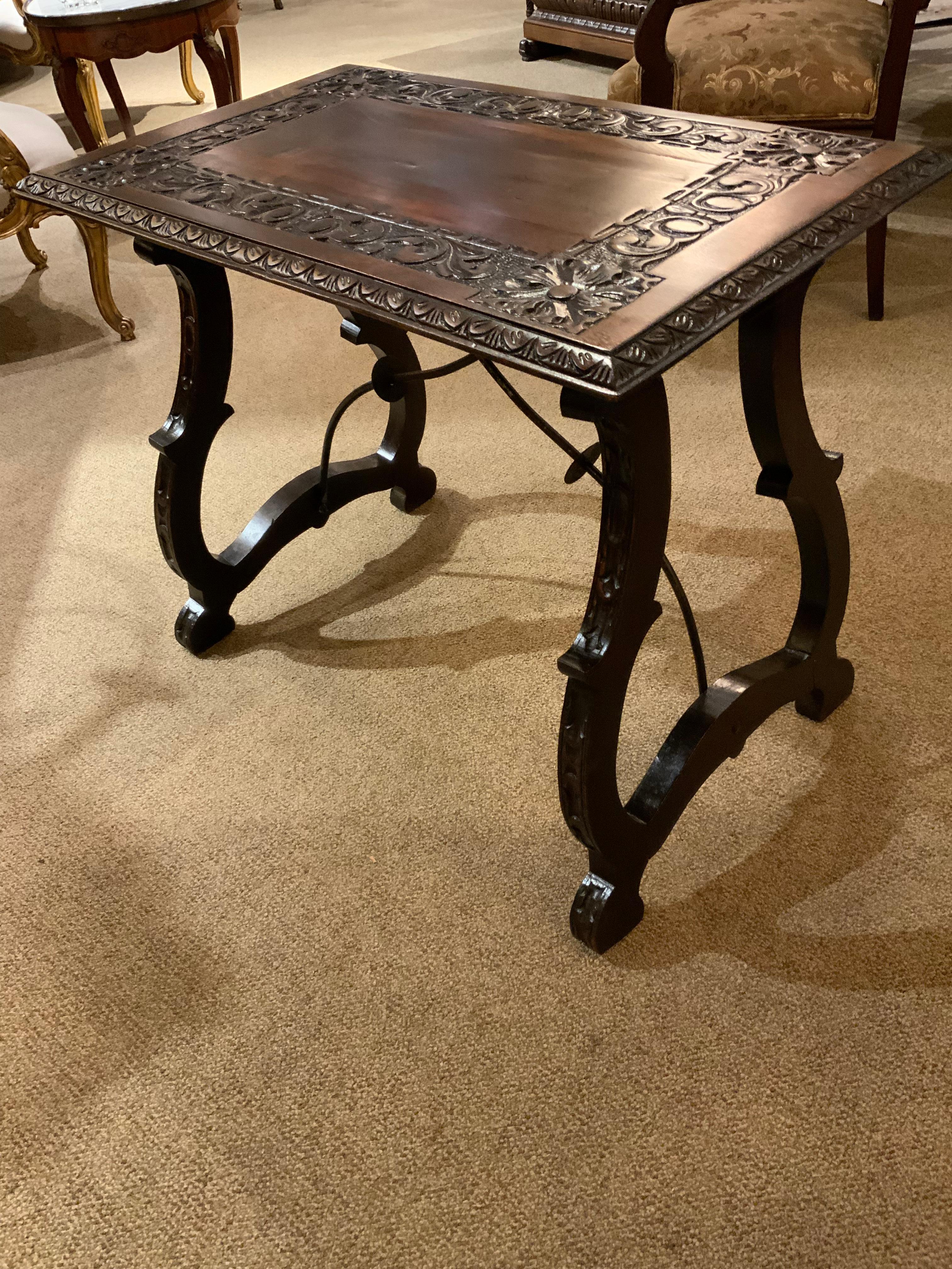 Spanish Baroque Style Carved Table with Iron Stretcher 19th C In Good Condition In Houston, TX