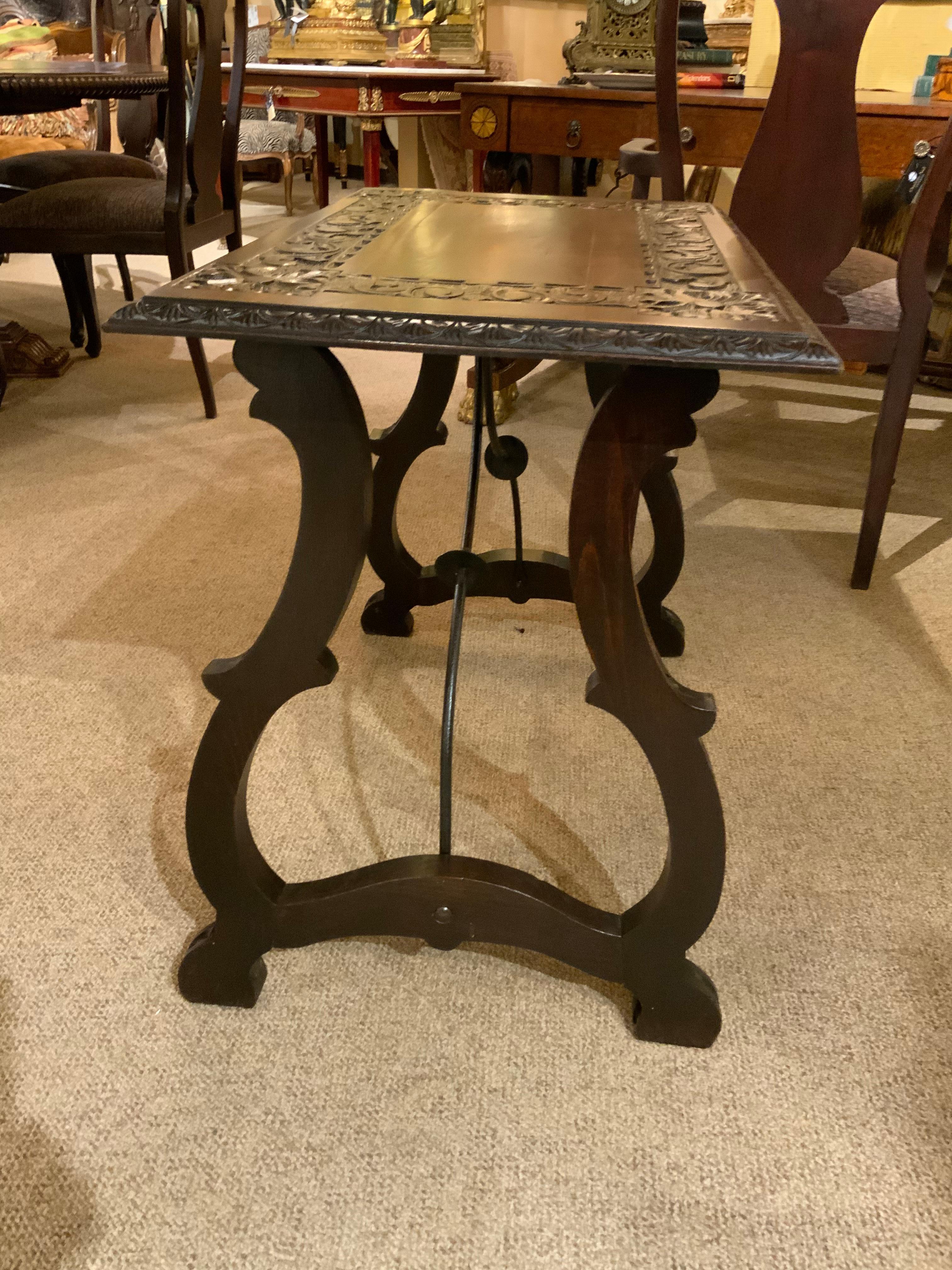 Spanish Baroque Style Carved Table with Iron Stretcher 19th C 1