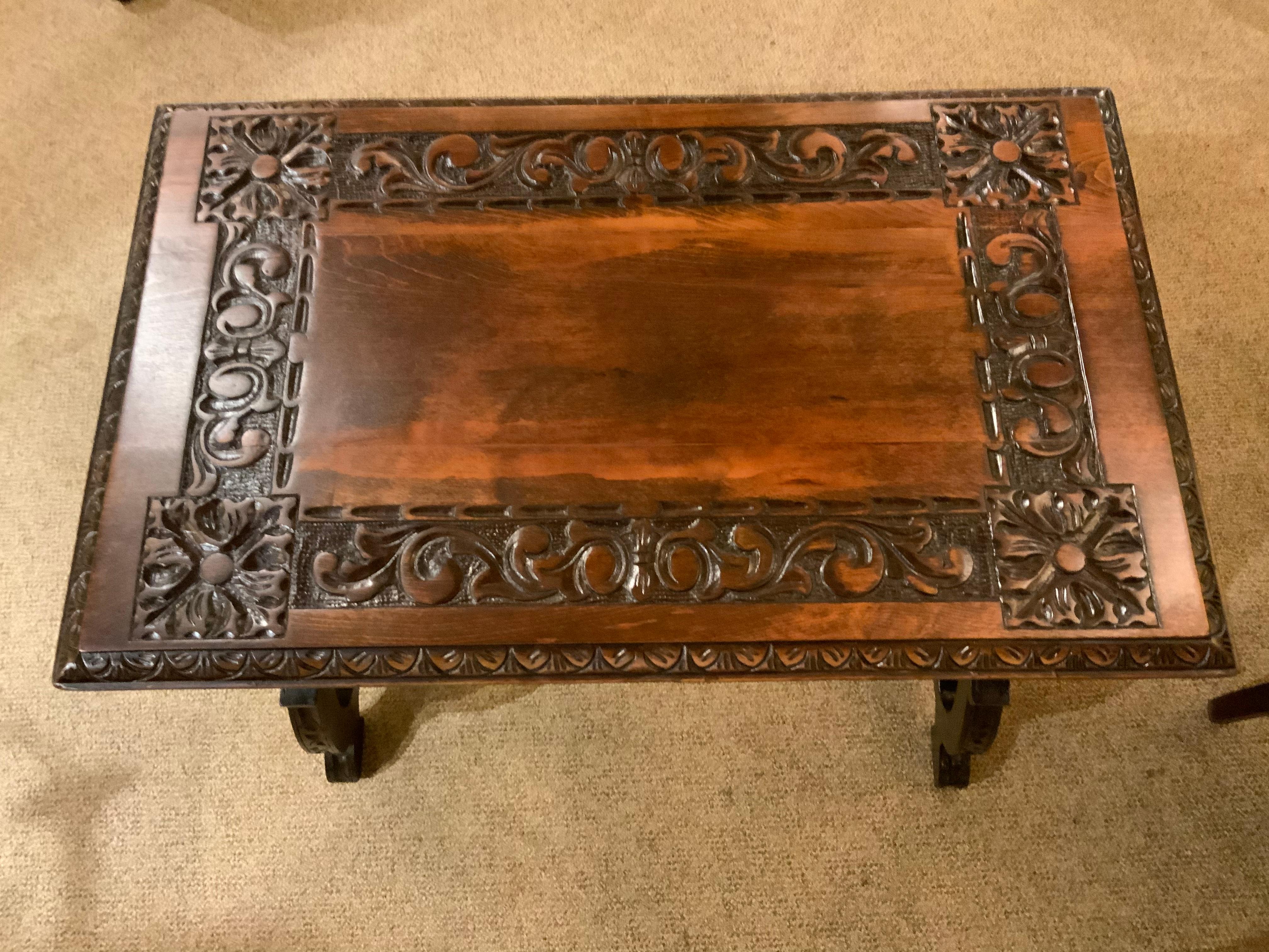Spanish Baroque Style Carved Table with Iron Stretcher 19th C 2