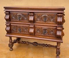 Spanish Baroque Style Carved Walnut Chest of Drawers, 1940s