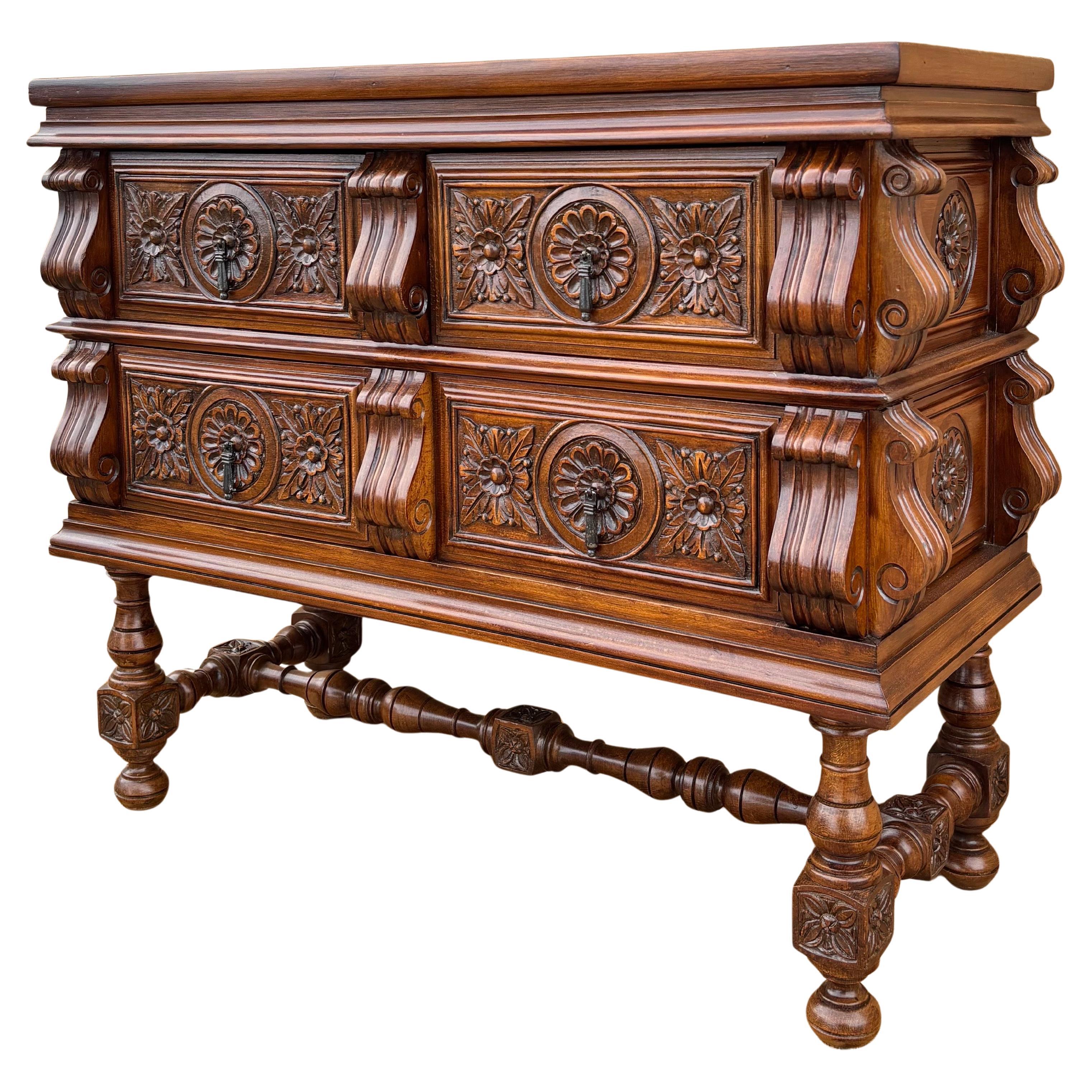 Spanish Baroque Style Carved Walnut Chest of Drawers, 1940s For Sale