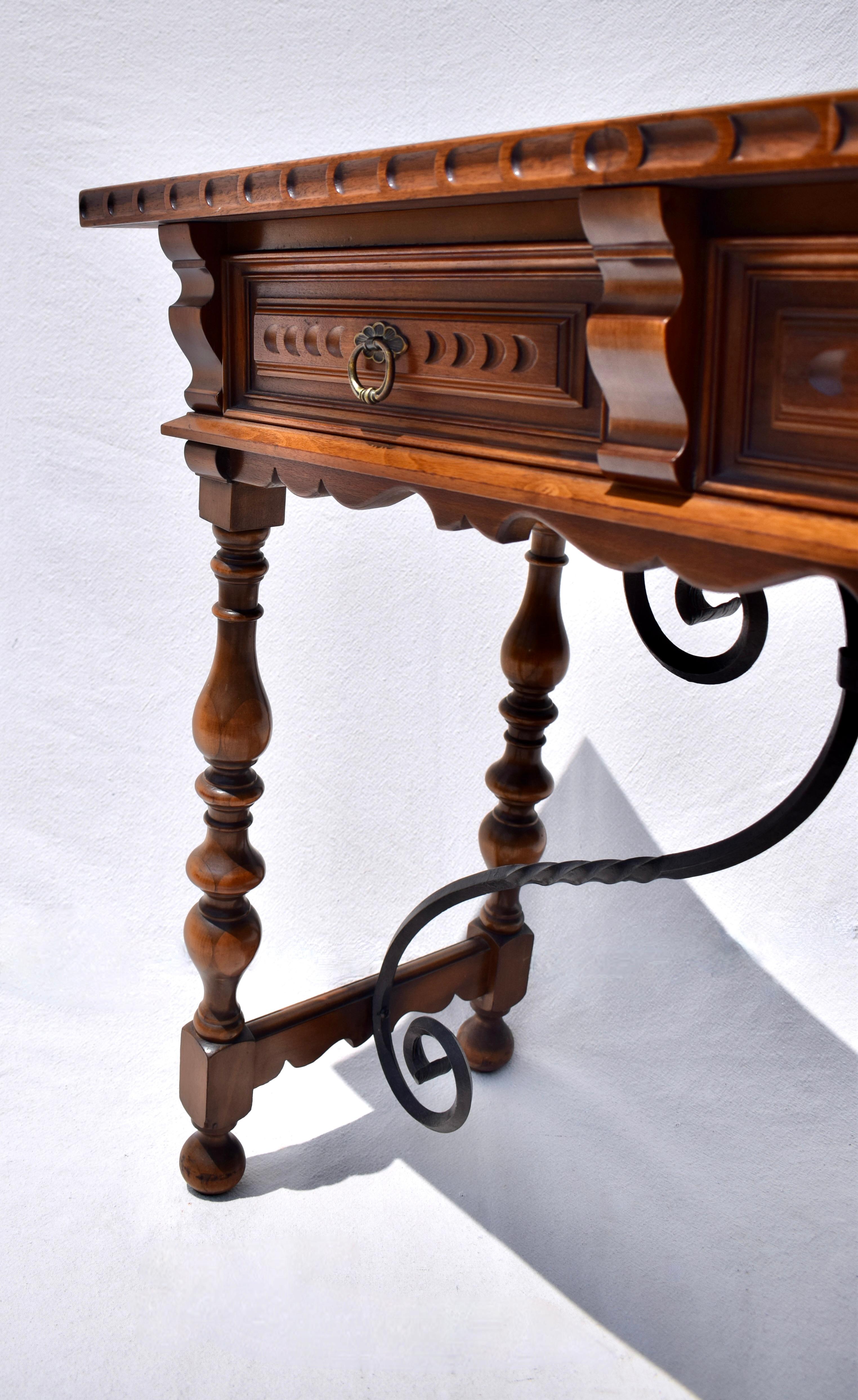 Spanish Baroque Style Carved Walnut & Forged Iron Console Table 10
